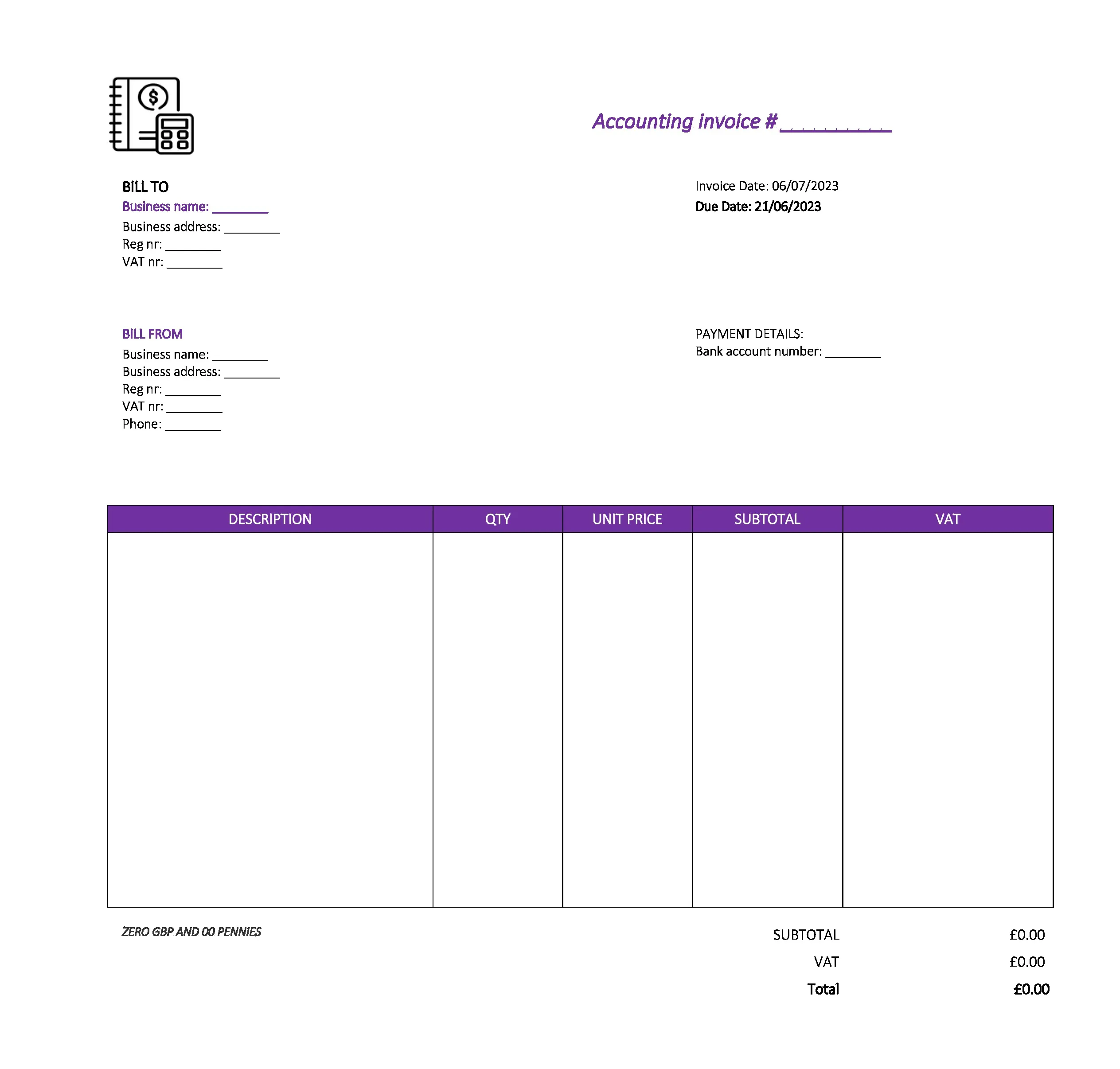 Electronic Accounting Invoice Template UK Excel / Google sheets
