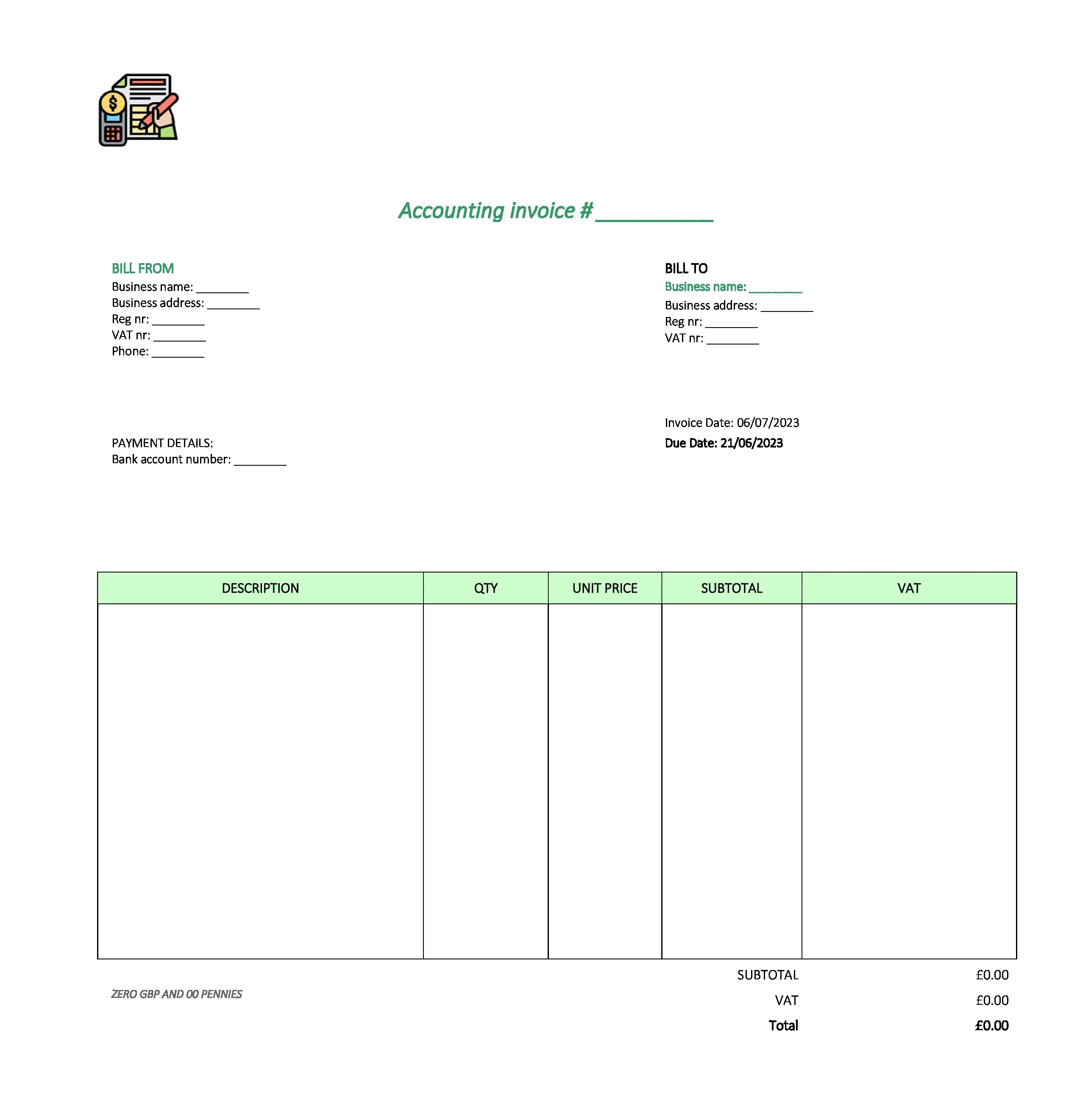 with logo accounting invoice template UK Excel / Google sheets
