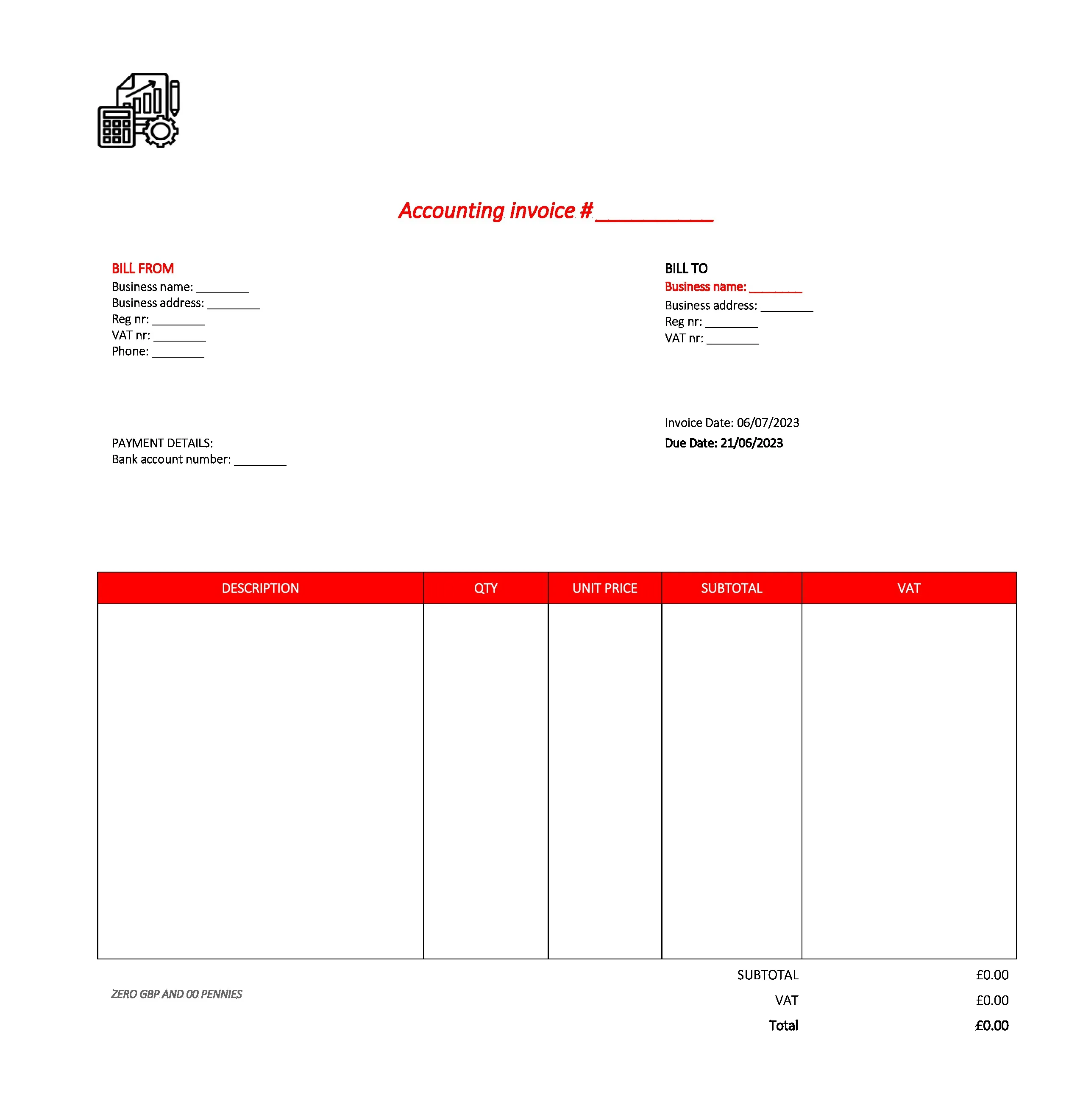 professional accounting invoice template UK Excel / Google sheets