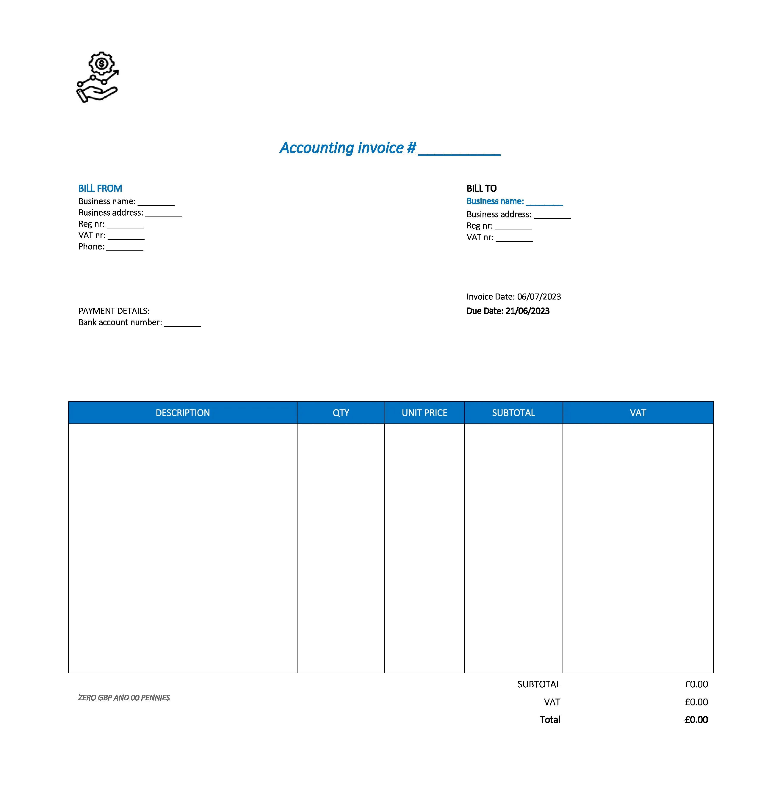 typical accounting invoice template UK Excel / Google sheets
