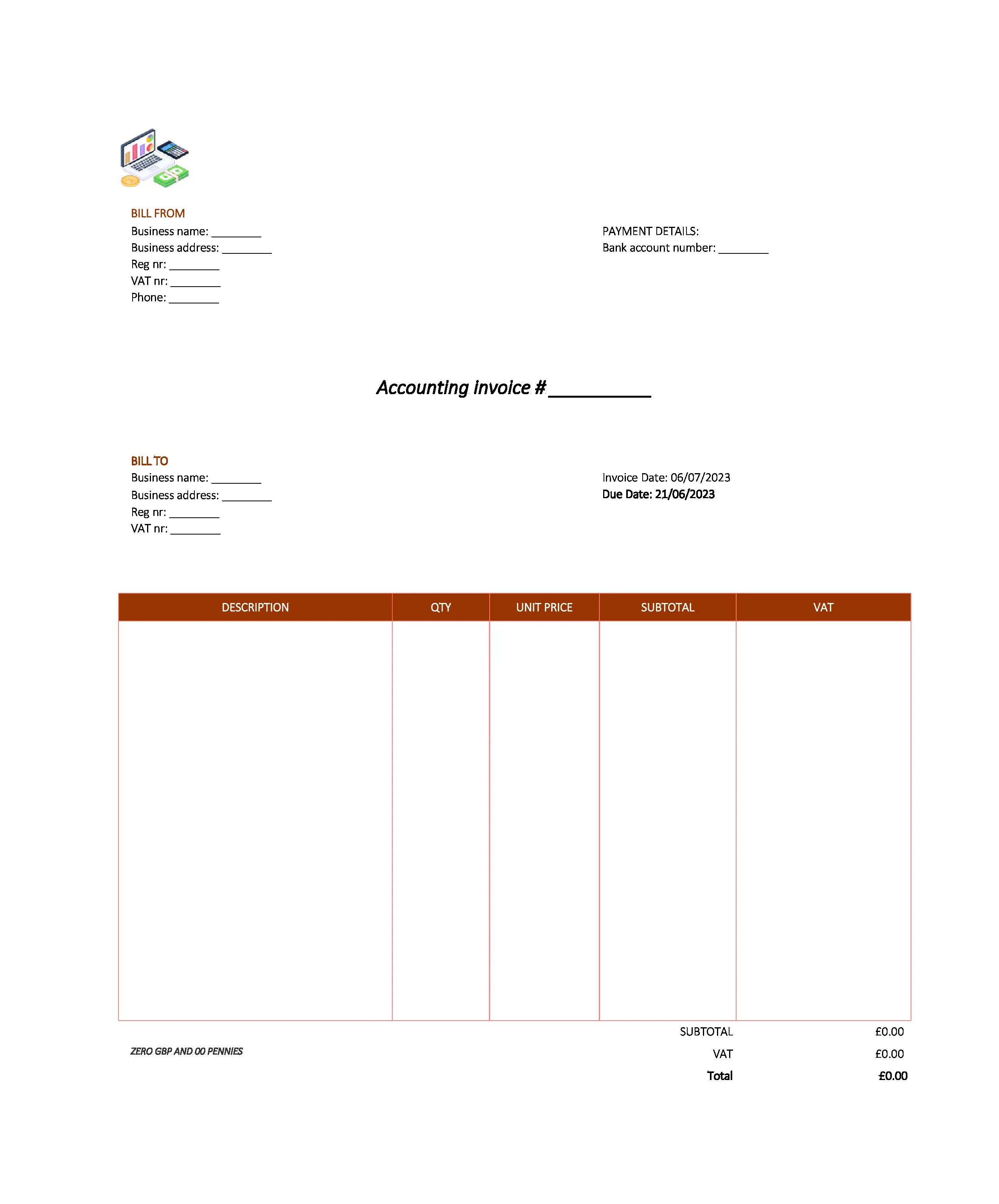 modern accounting invoice template UK Excel / Google sheets