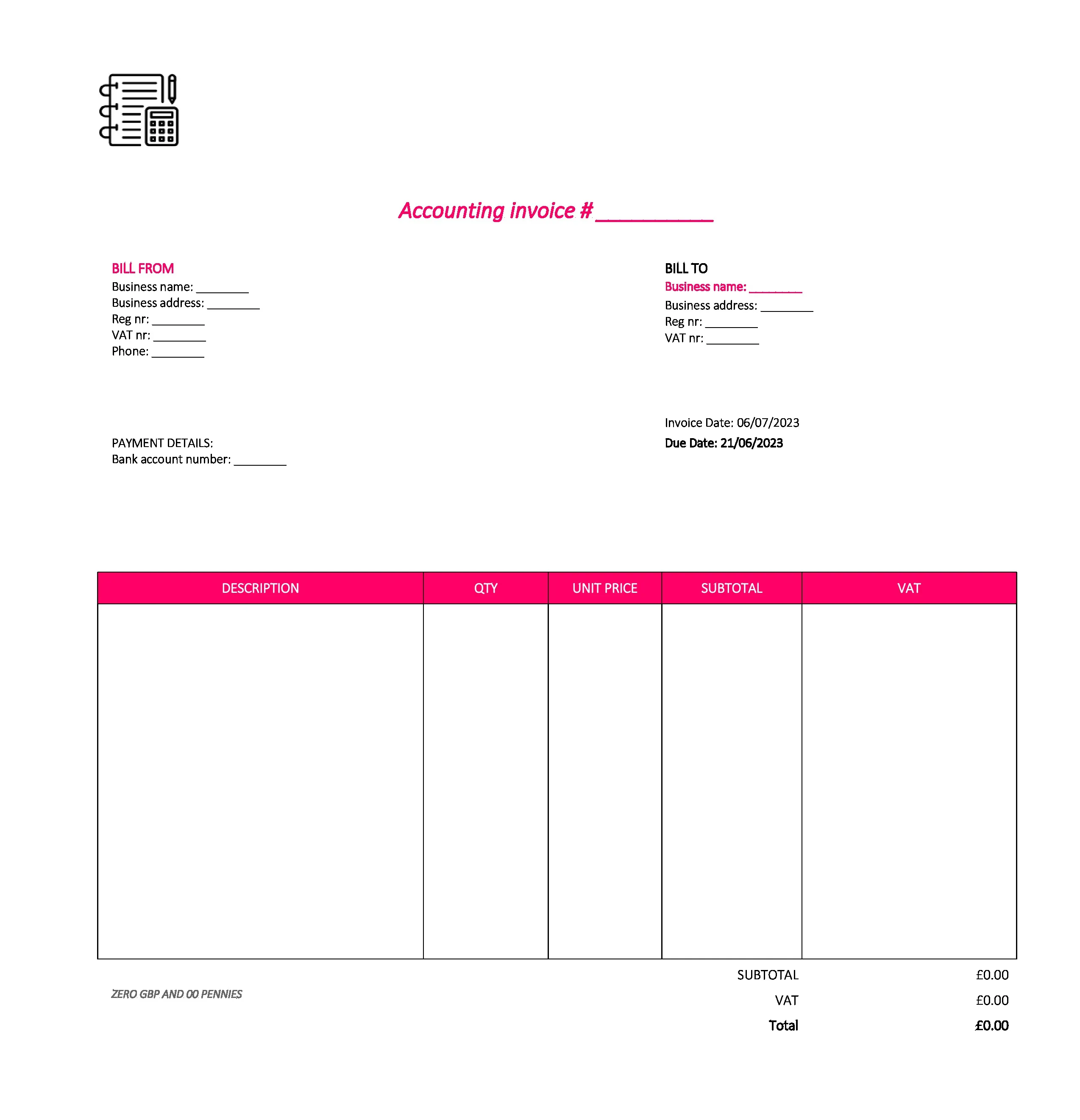 nice accounting invoice template UK Excel / Google sheets