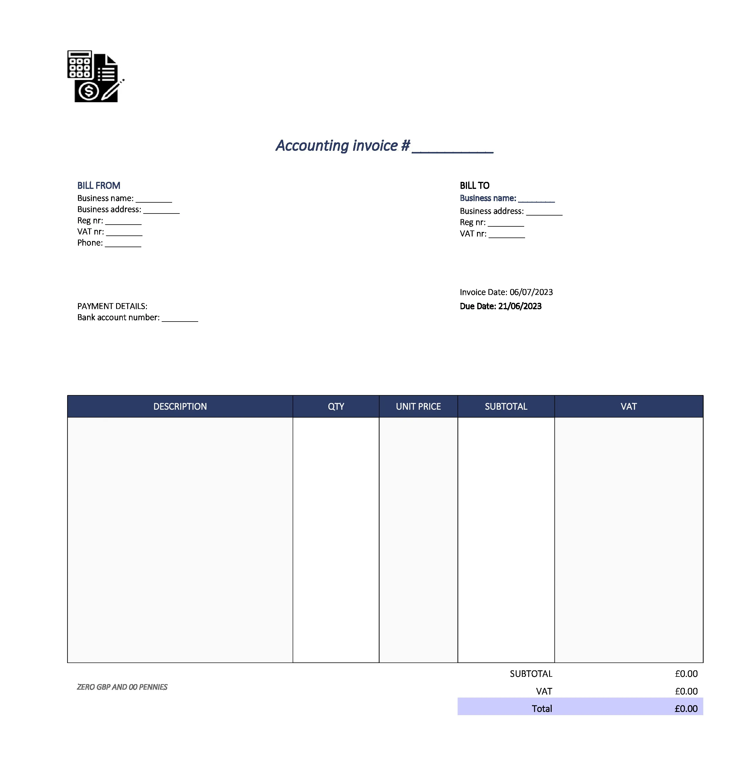 cute accounting invoice template UK Excel / Google sheets