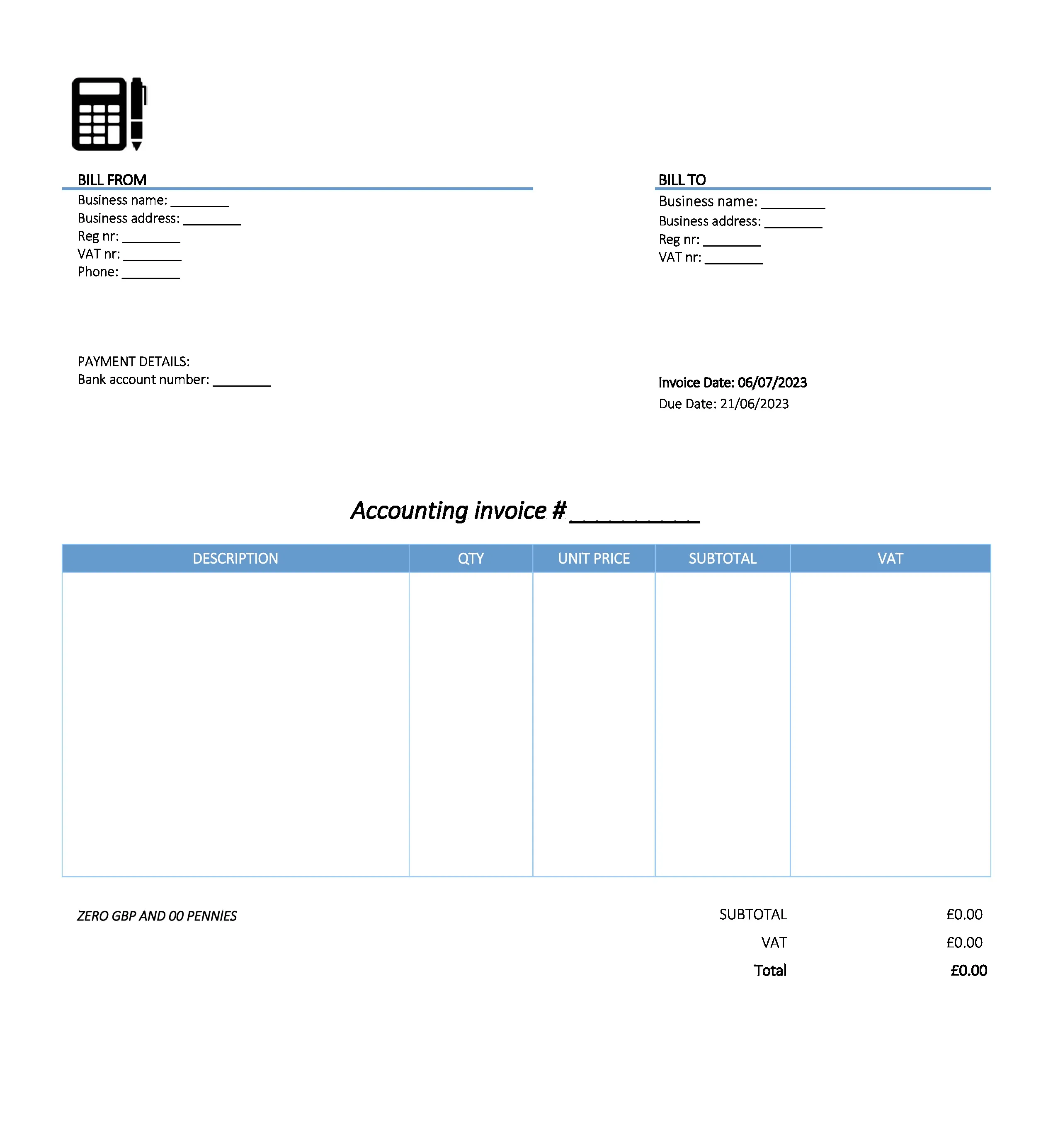 with bank details accounting invoice template UK Excel / Google sheets