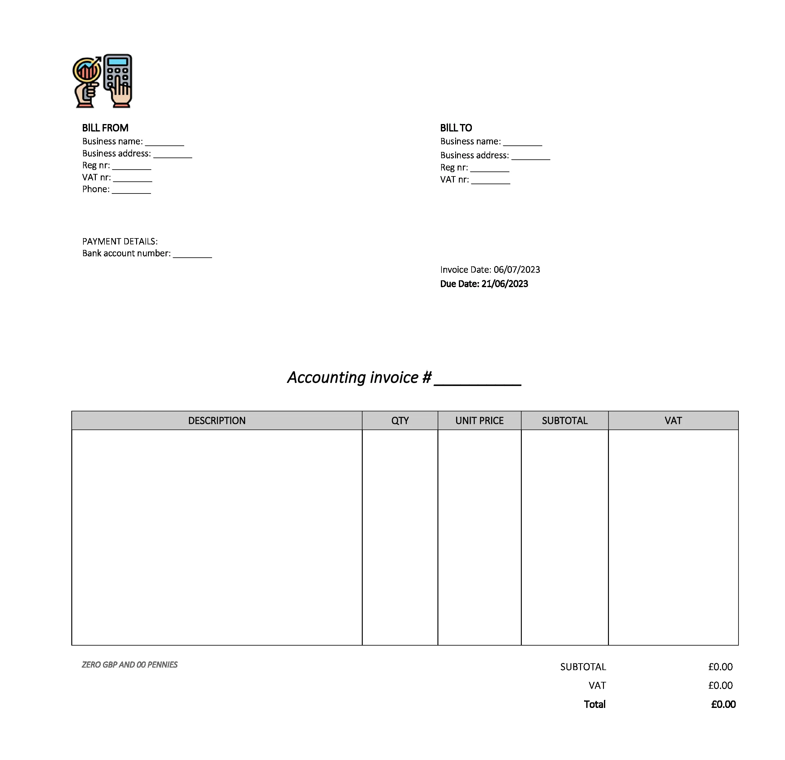empty accounting invoice template UK Excel / Google sheets