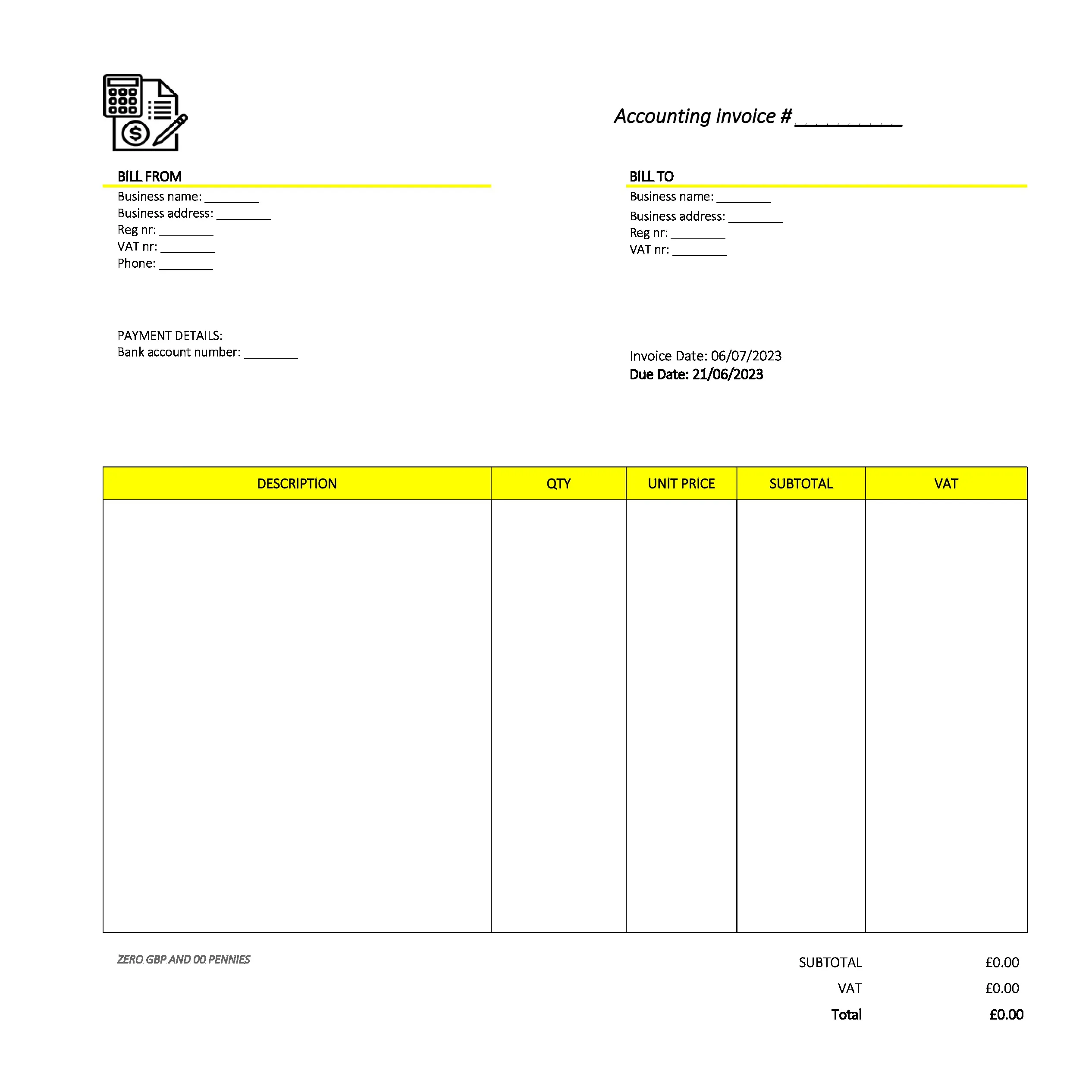 formal accounting invoice template UK Excel / Google sheets