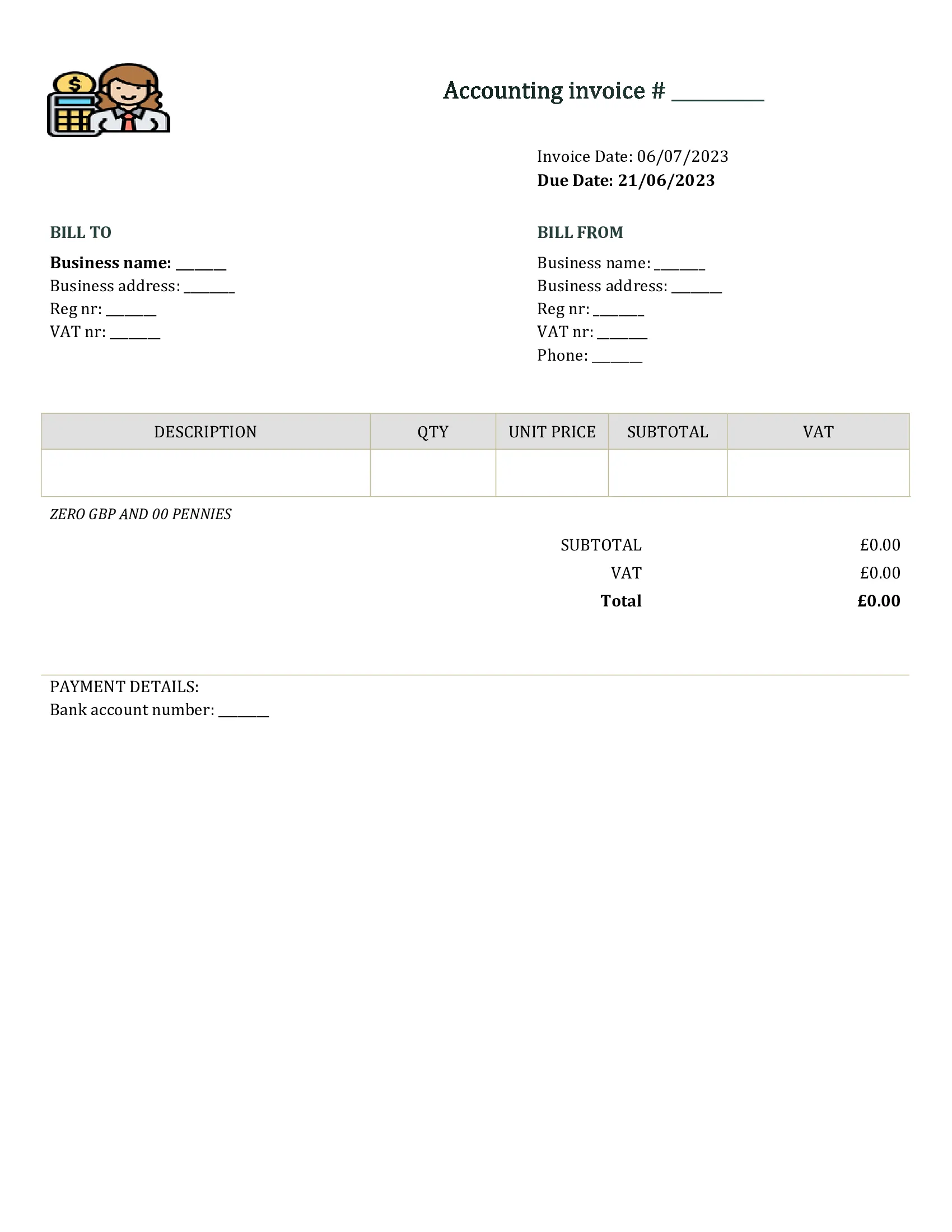 editable accounting invoice template UK Word / Google docs