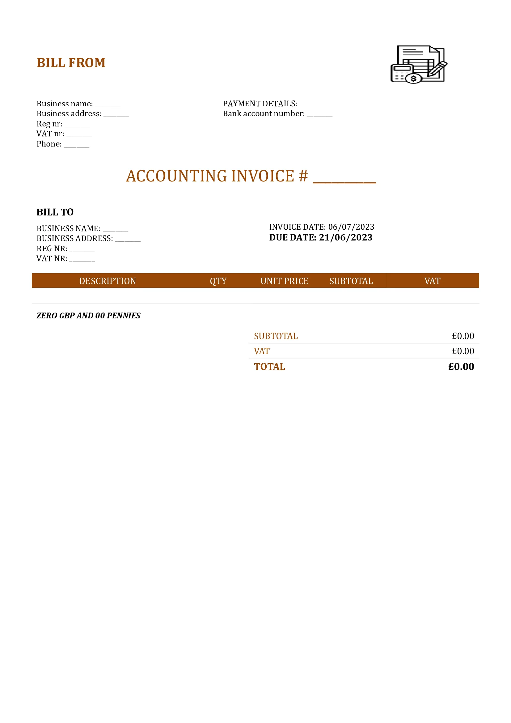 blank accounting invoice template UK Word / Google docs