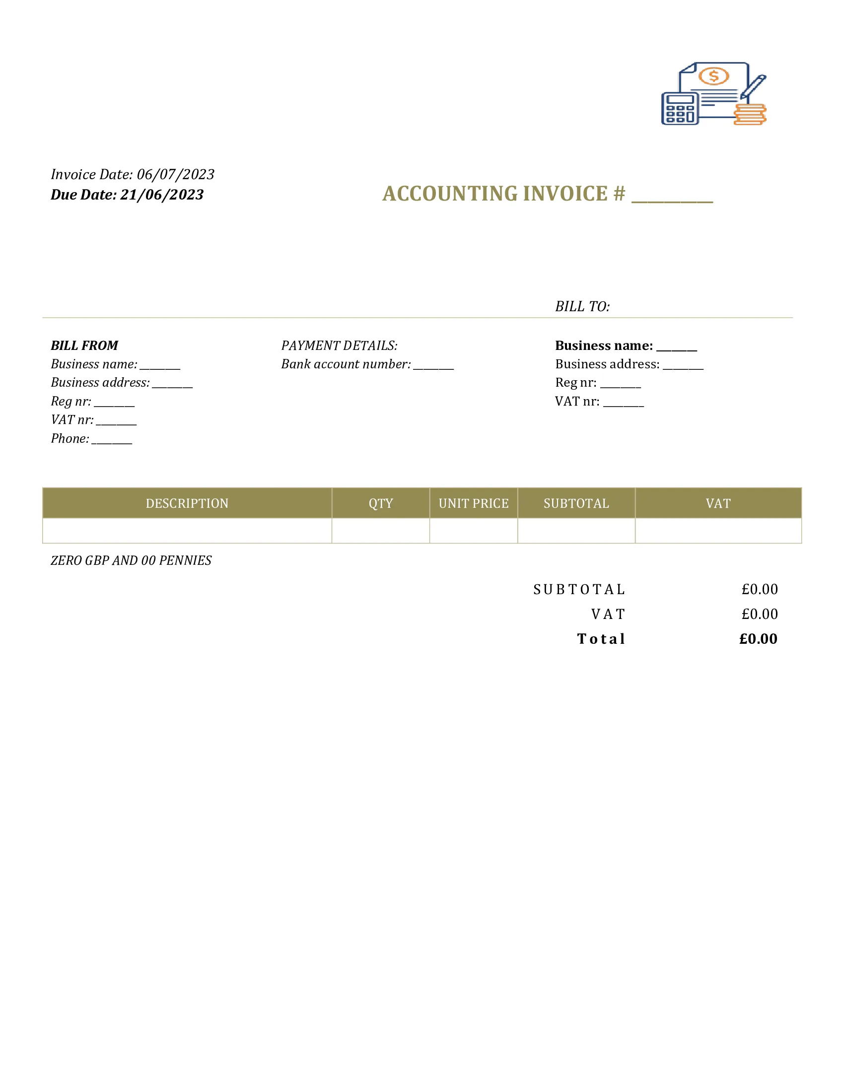 generic accounting invoice template UK Word / Google docs