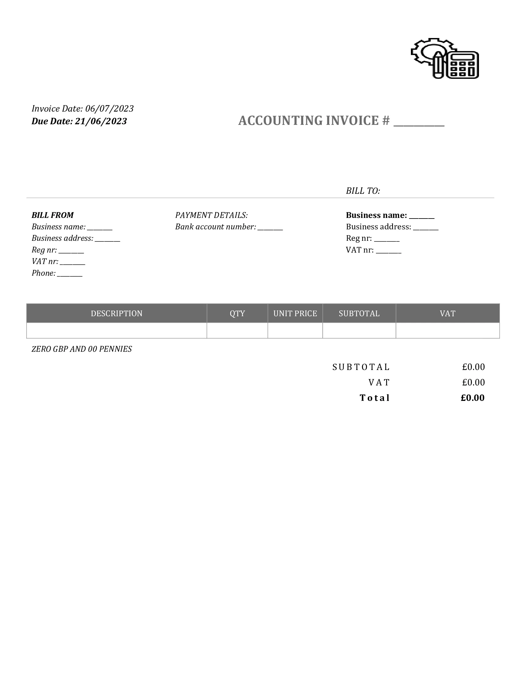 standart accounting invoice template UK Word / Google docs