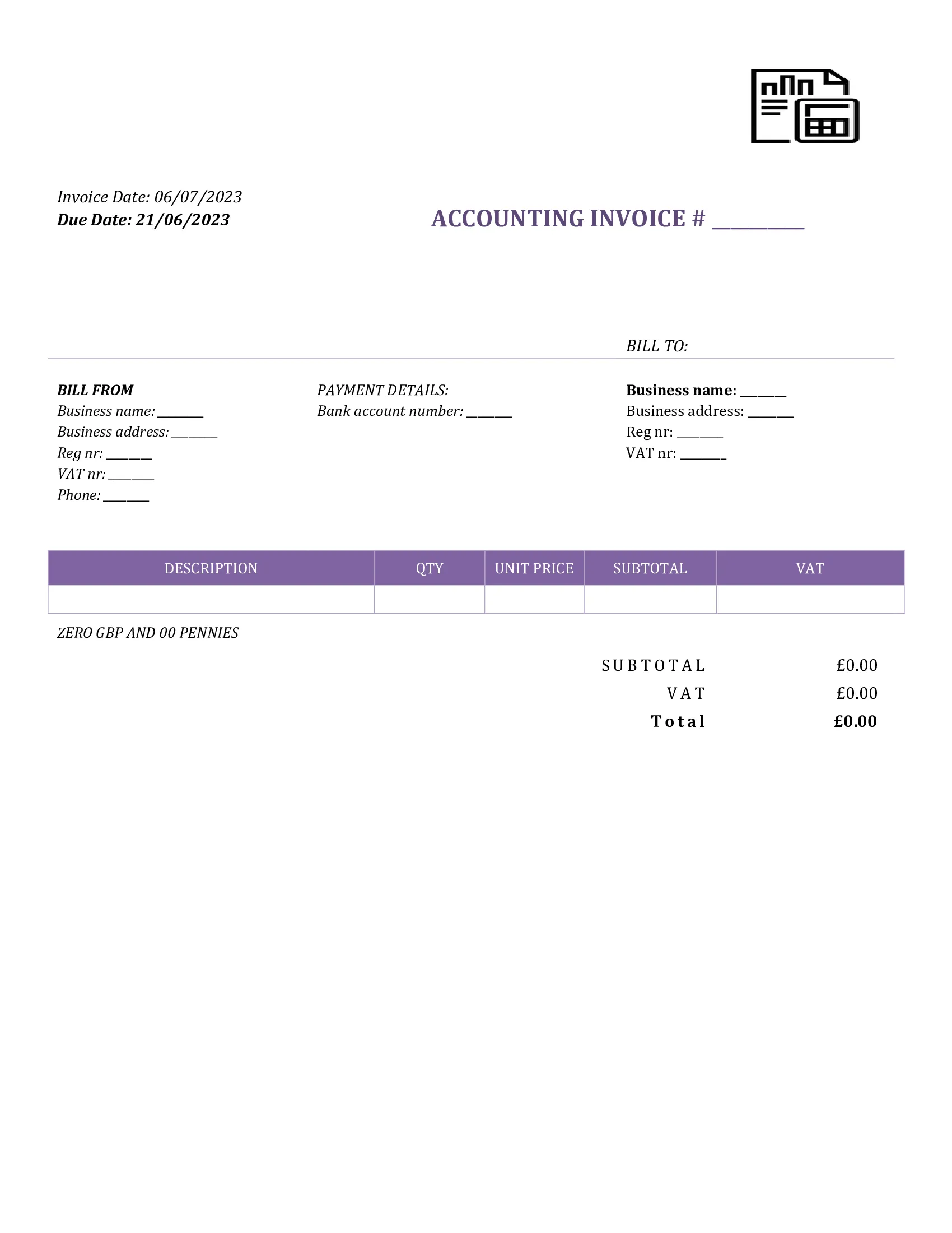 fillable accounting invoice template UK Word / Google docs