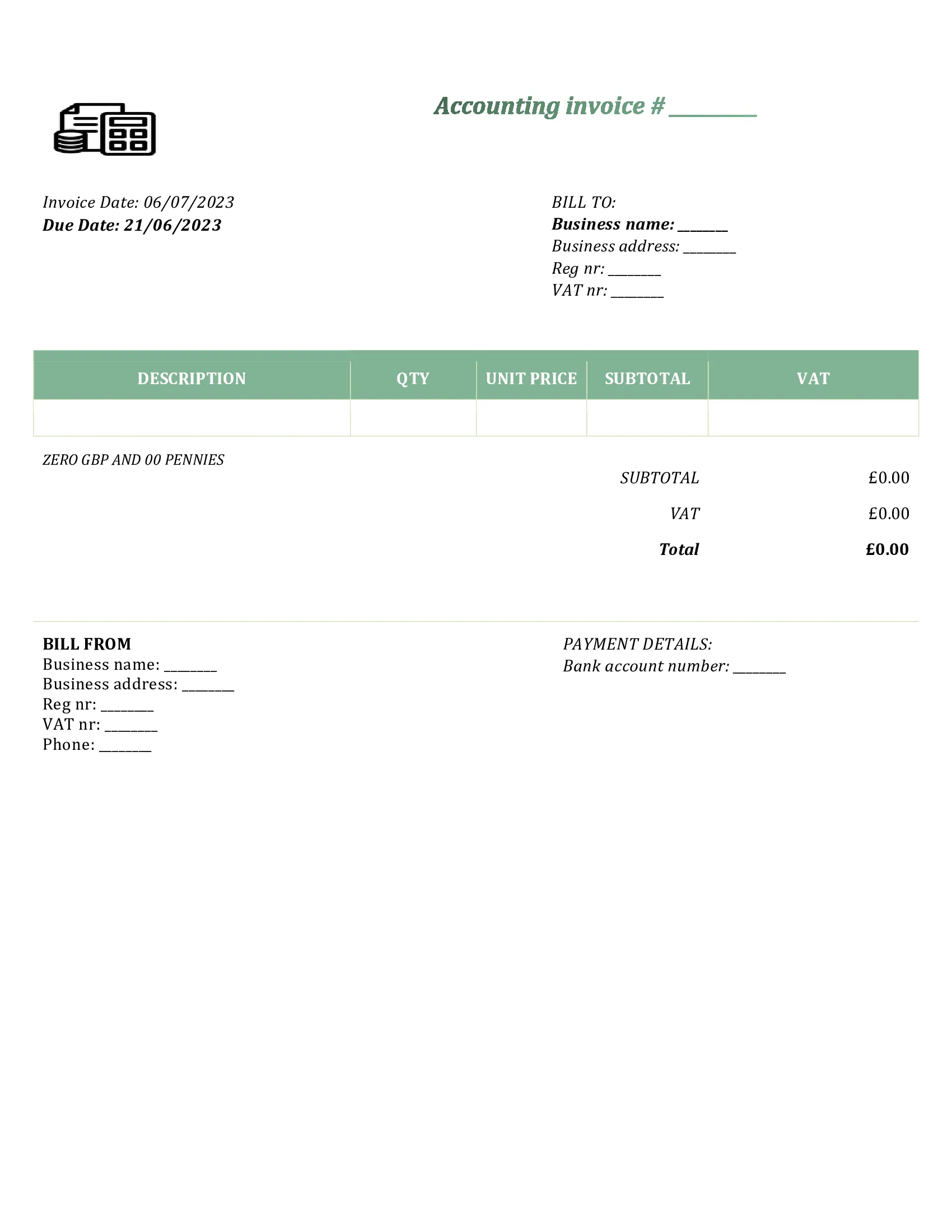 customizable accounting invoice template UK Word / Google docs