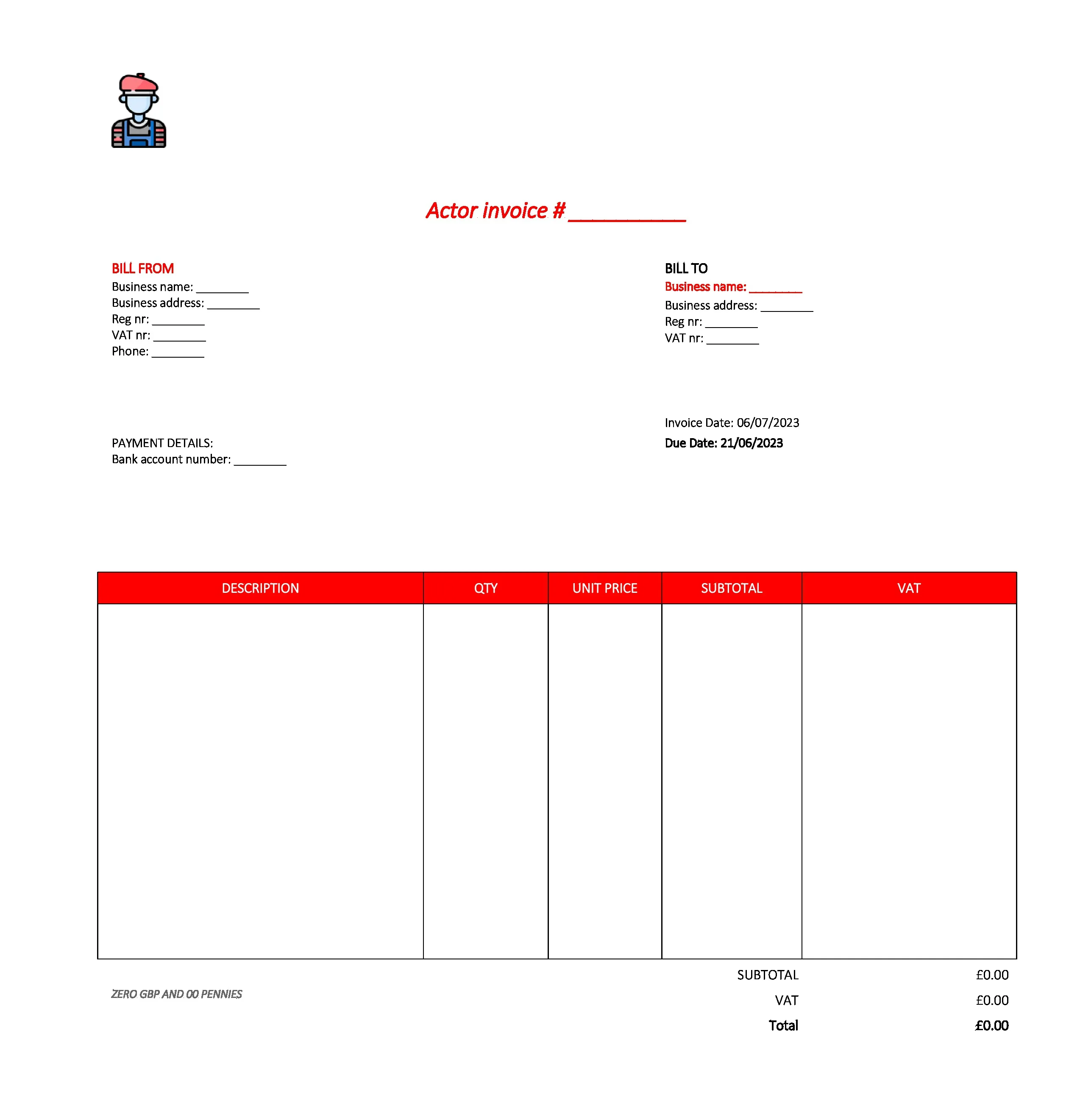 professional actor invoice template UK Excel / Google sheets