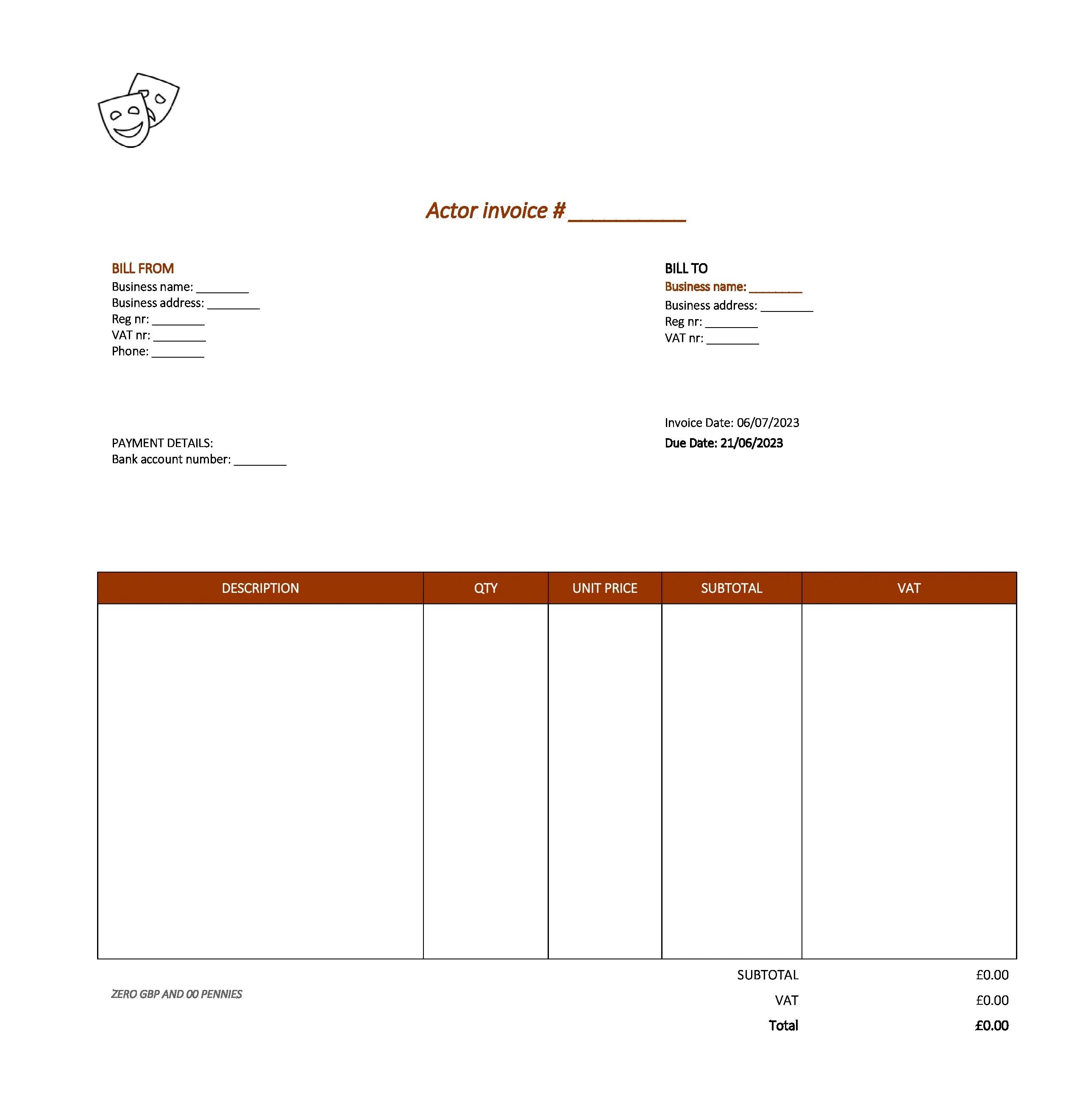 elegant actor invoice template UK Excel / Google sheets