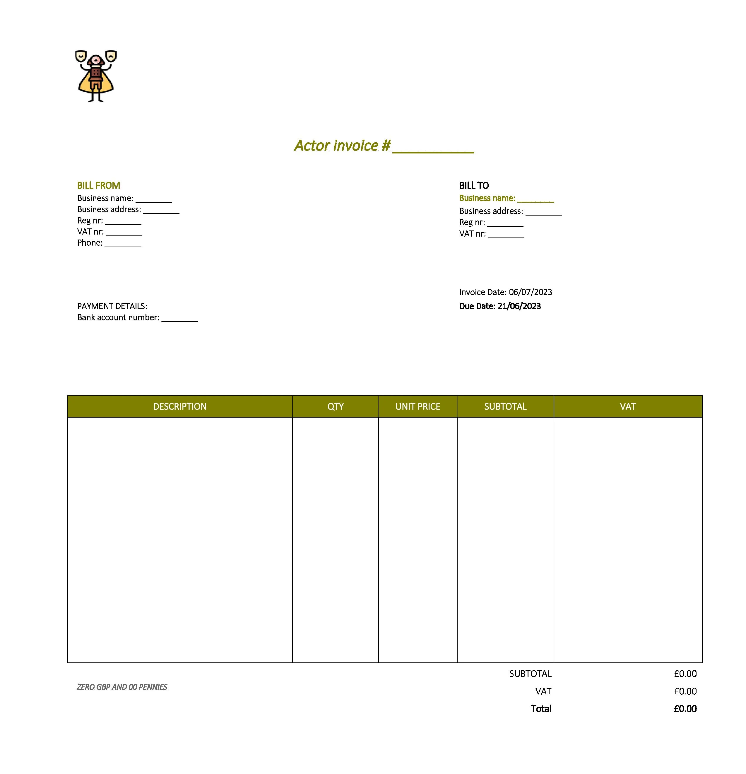 minimalist actor invoice template UK Excel / Google sheets