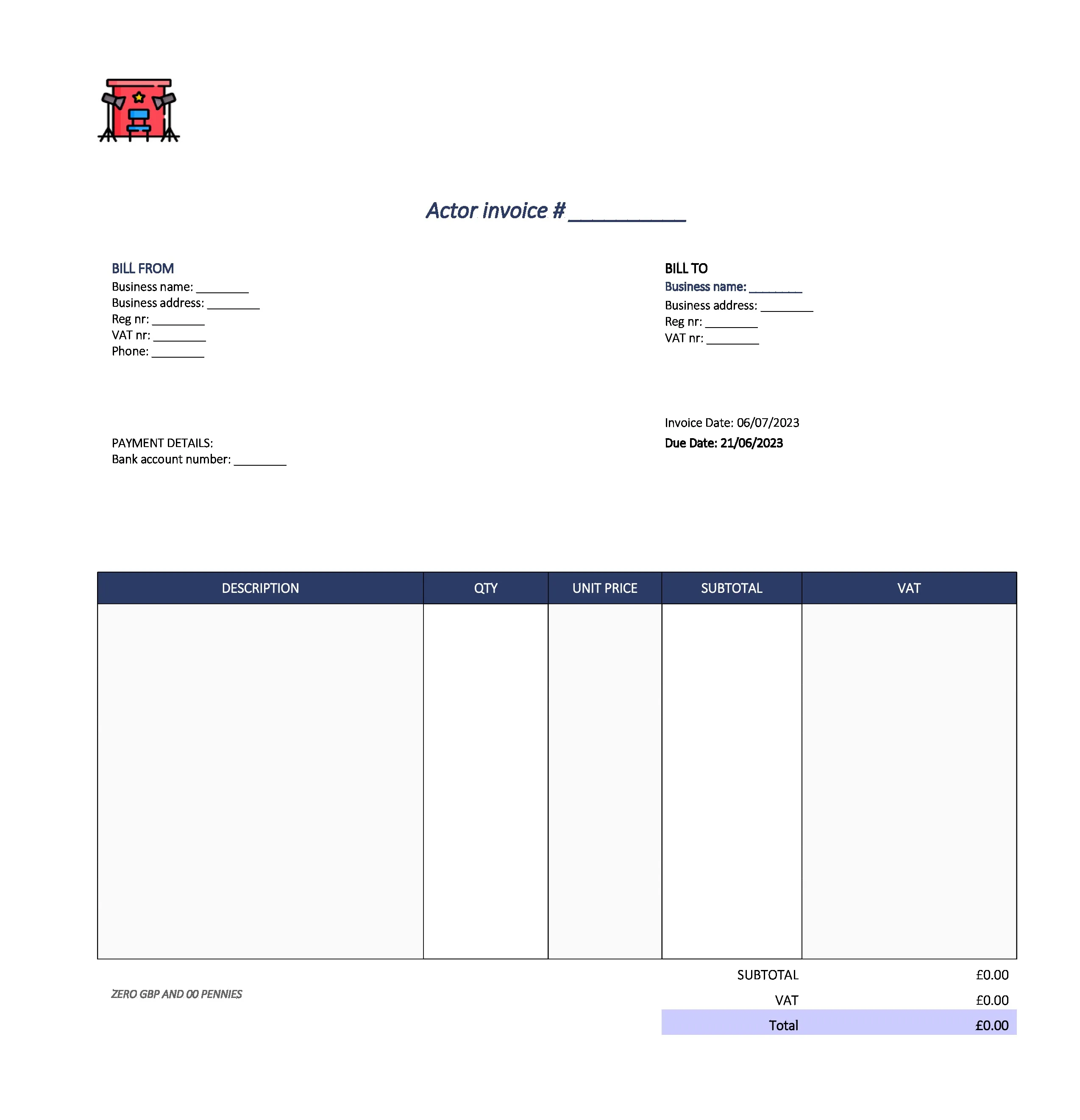 cute actor invoice template UK Excel / Google sheets
