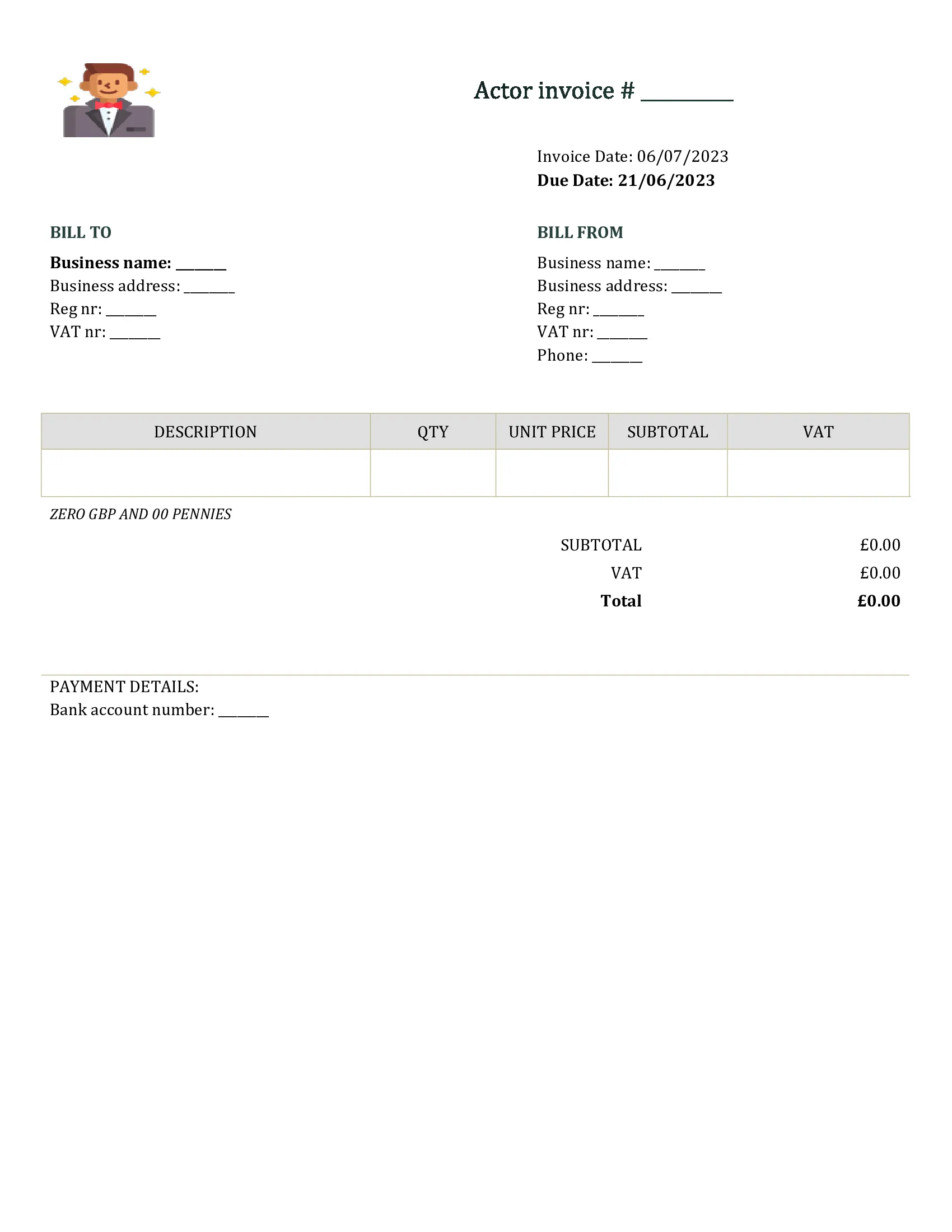 editable actor invoice template UK Word / Google docs