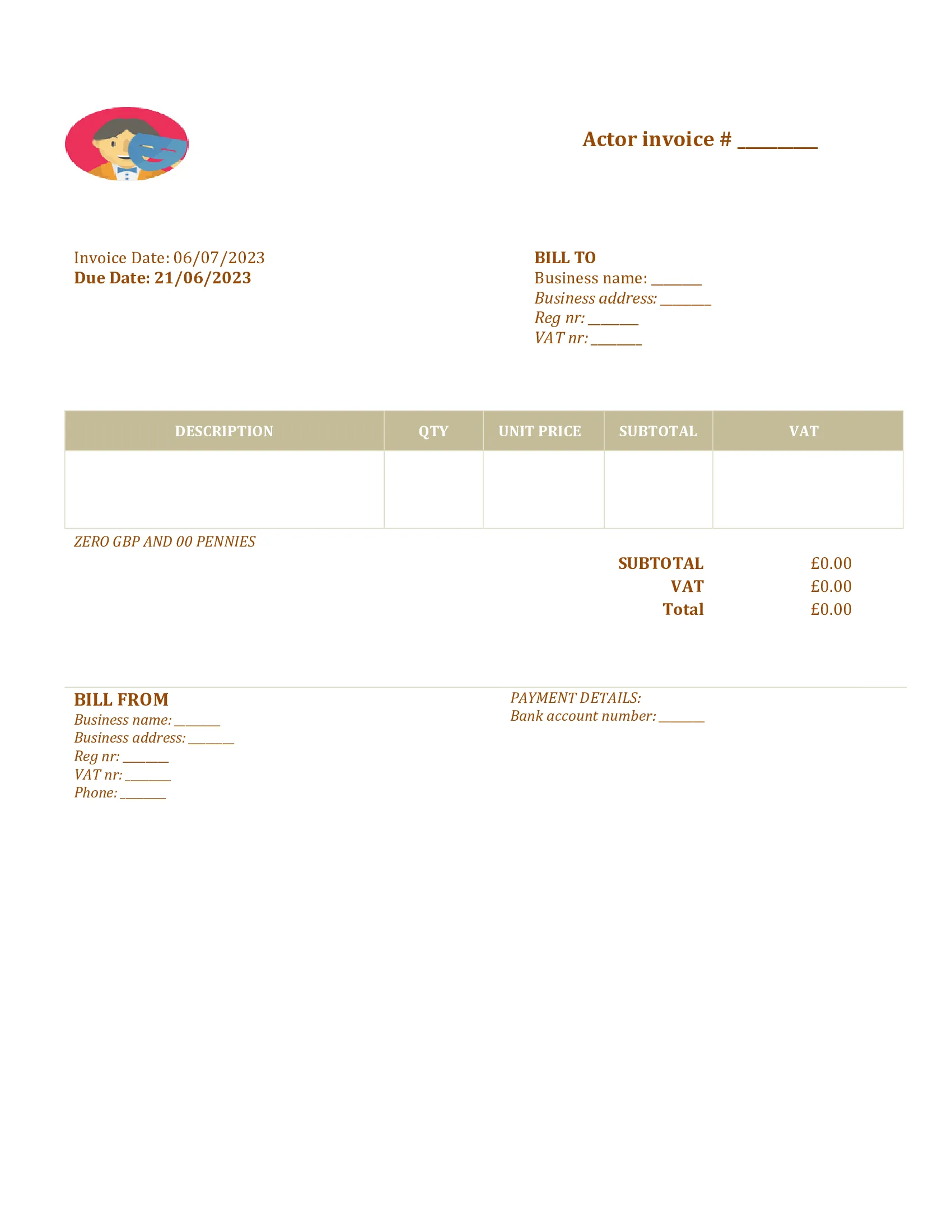 35 Free Actor Invoice Templates UK Word, Excel, PDF, Google docs/sheets
