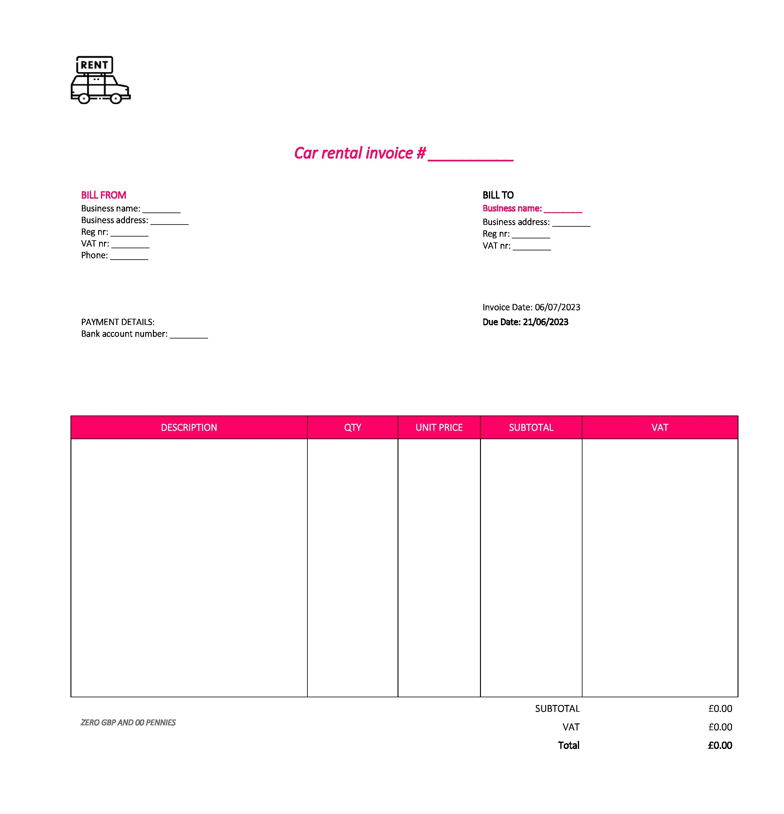 nice car rental invoice template UK Excel / Google sheets