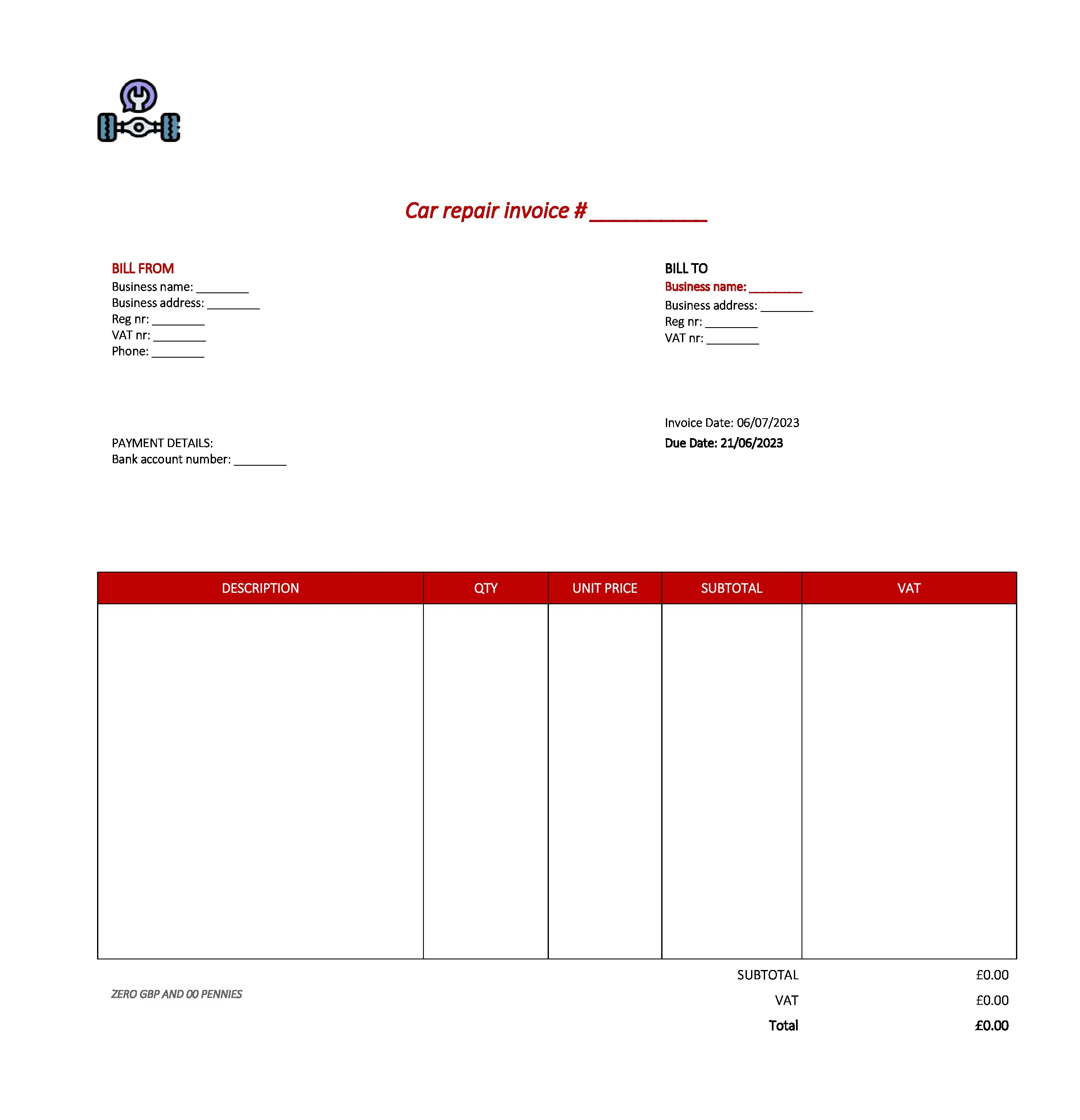 best car repair invoice template UK Excel / Google sheets