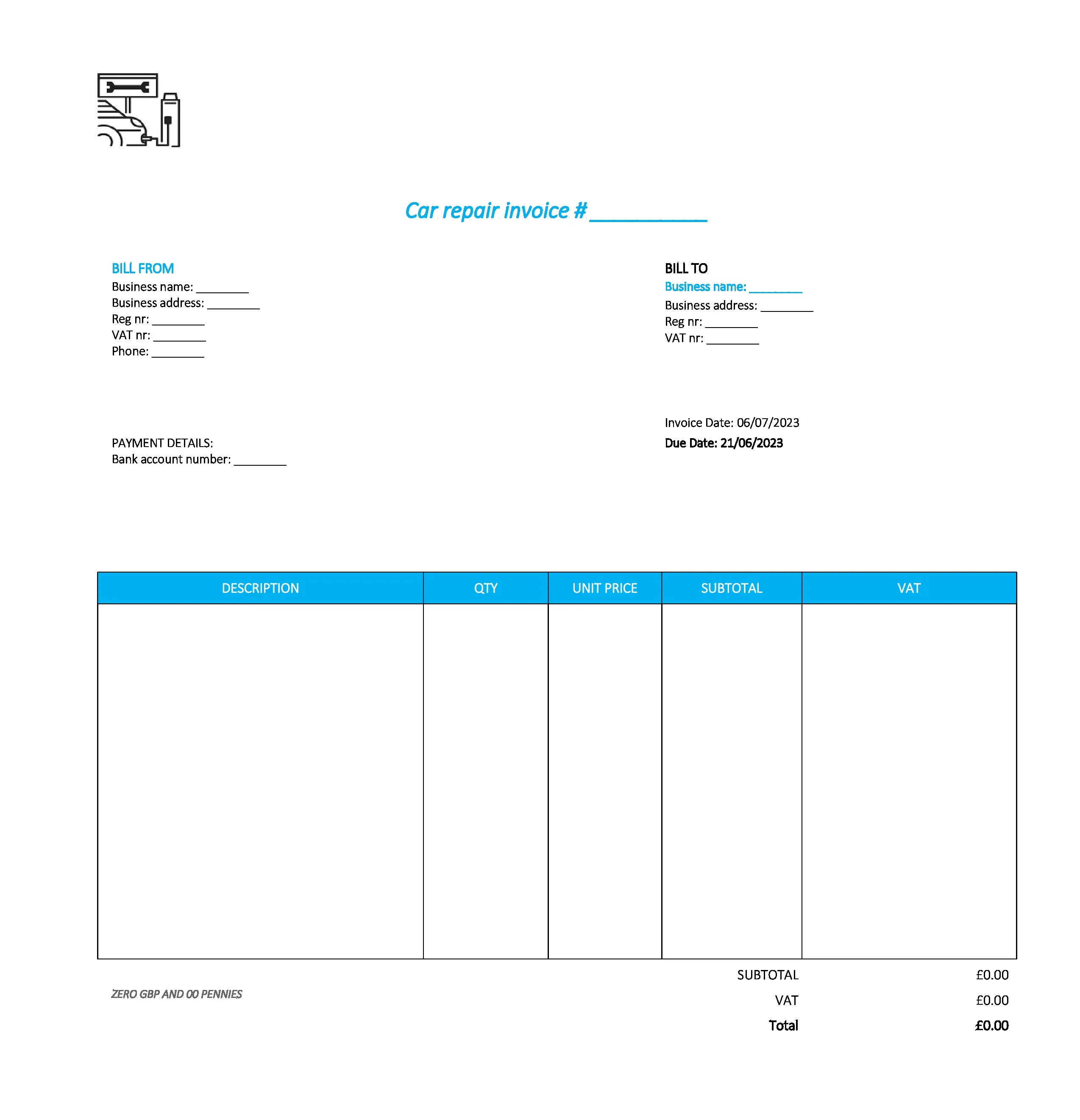 good car repair invoice template UK Excel / Google sheets