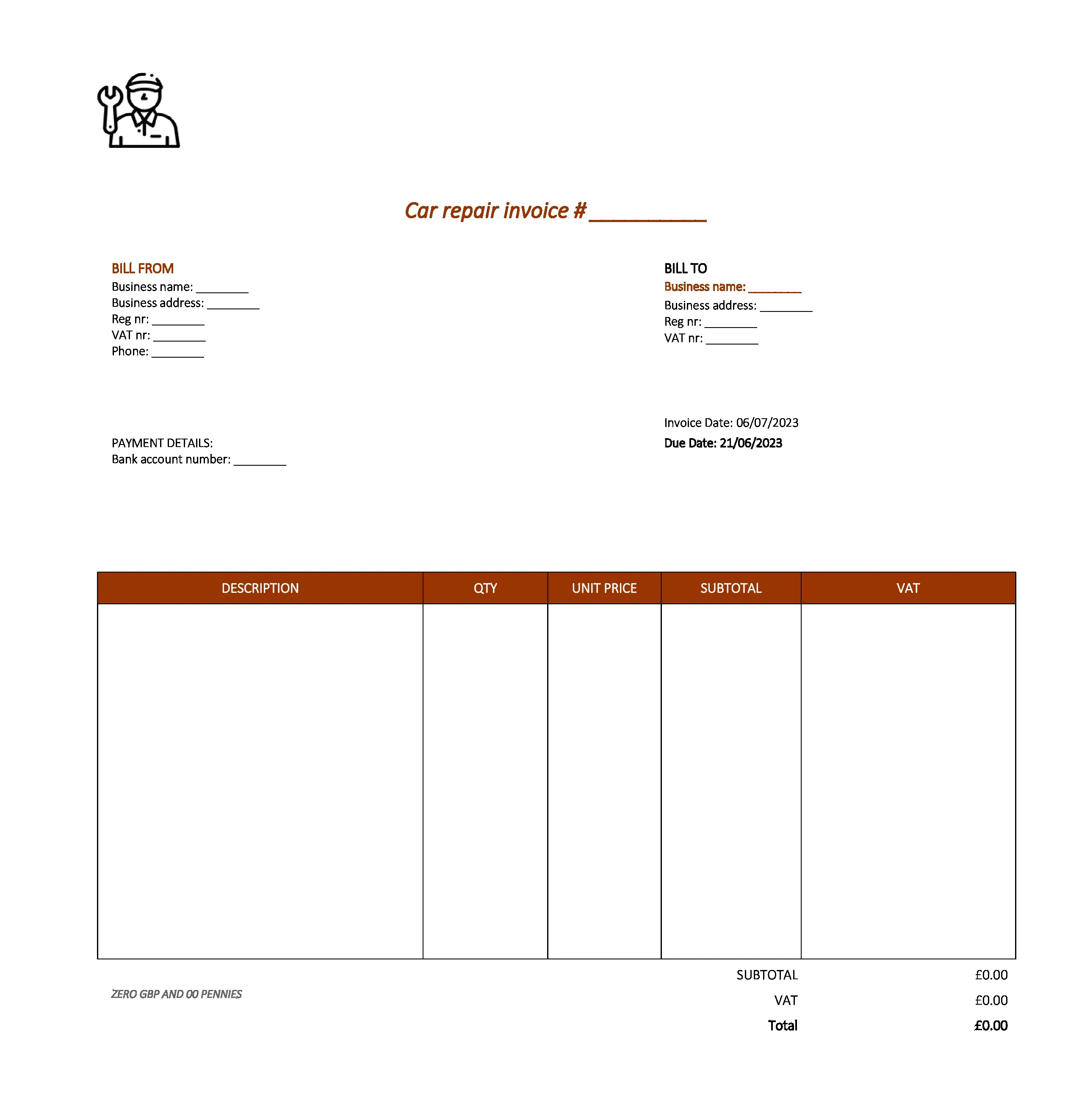 elegant car repair invoice template UK Excel / Google sheets