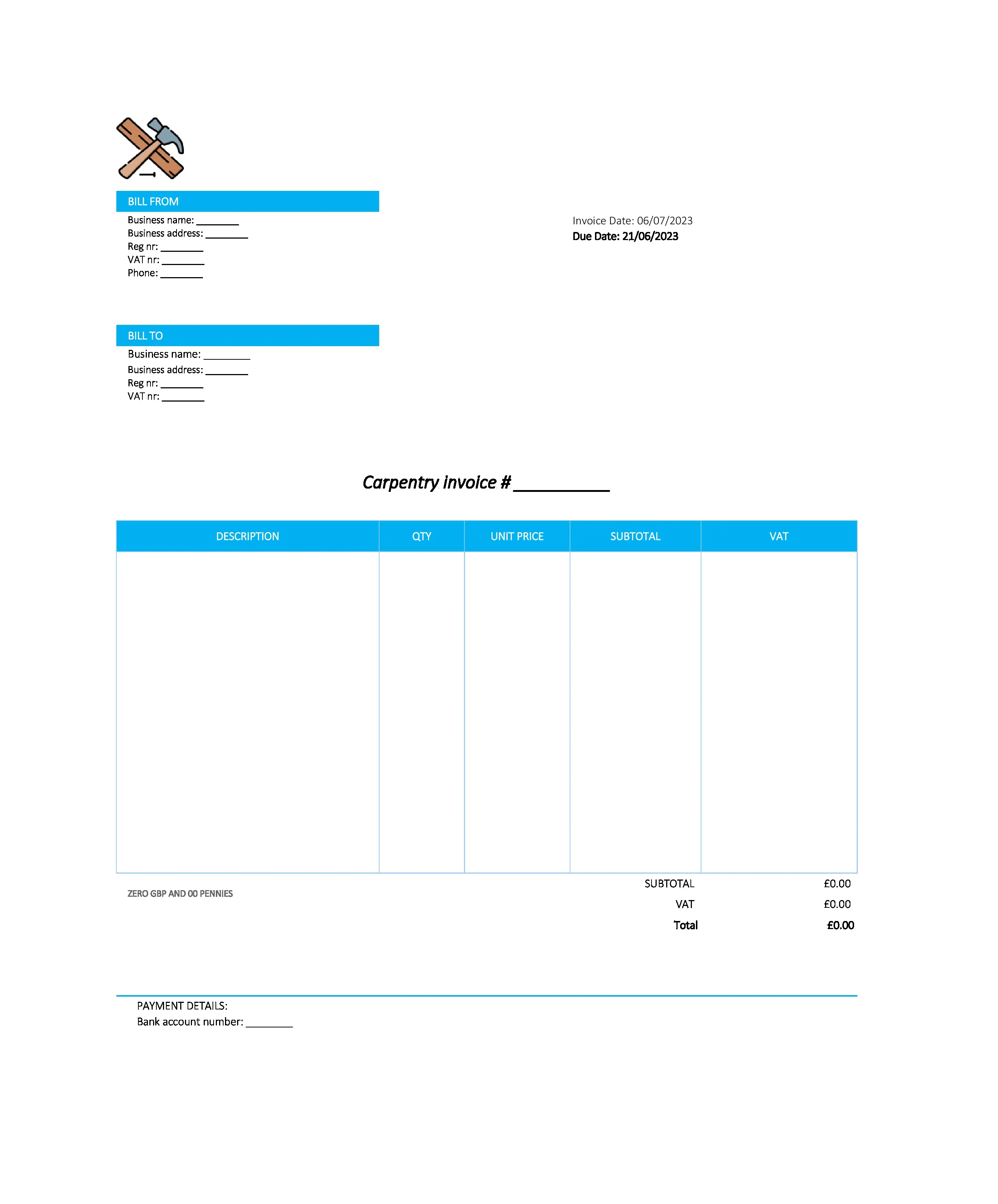 electronic carpentry invoice template UK Excel / Google sheets
