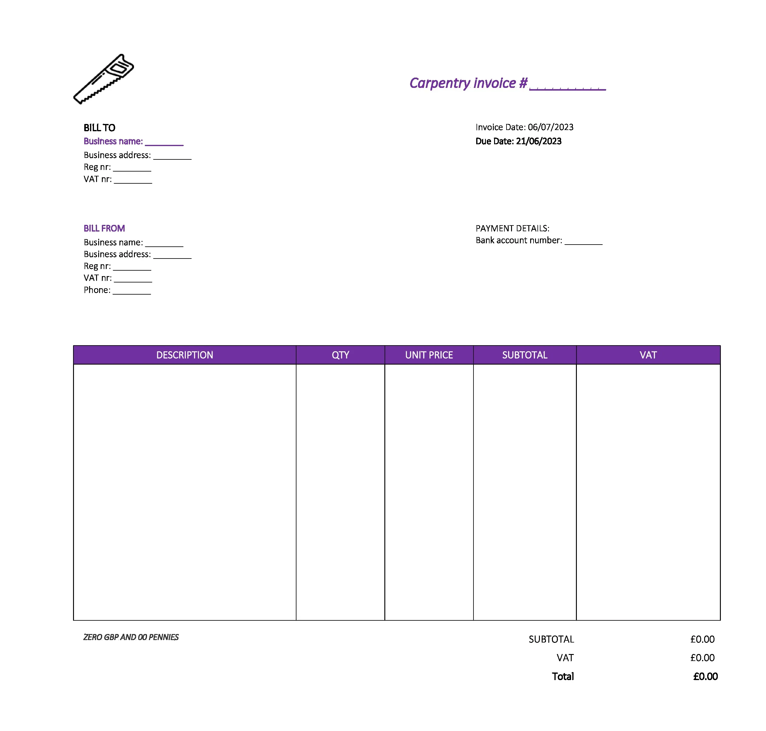 cool carpentry invoice template UK Excel / Google sheets