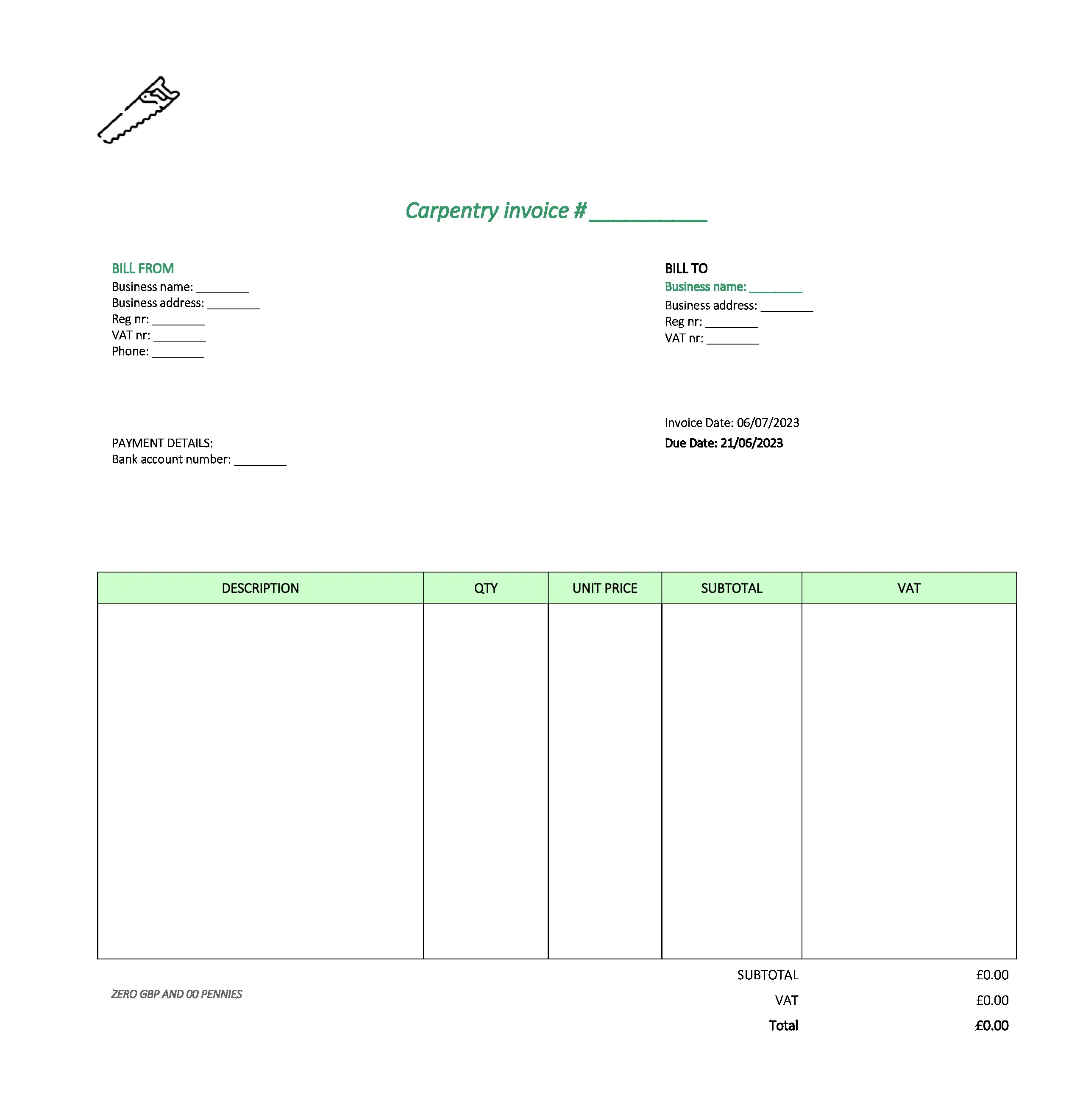 with logo carpentry invoice template UK Excel / Google sheets