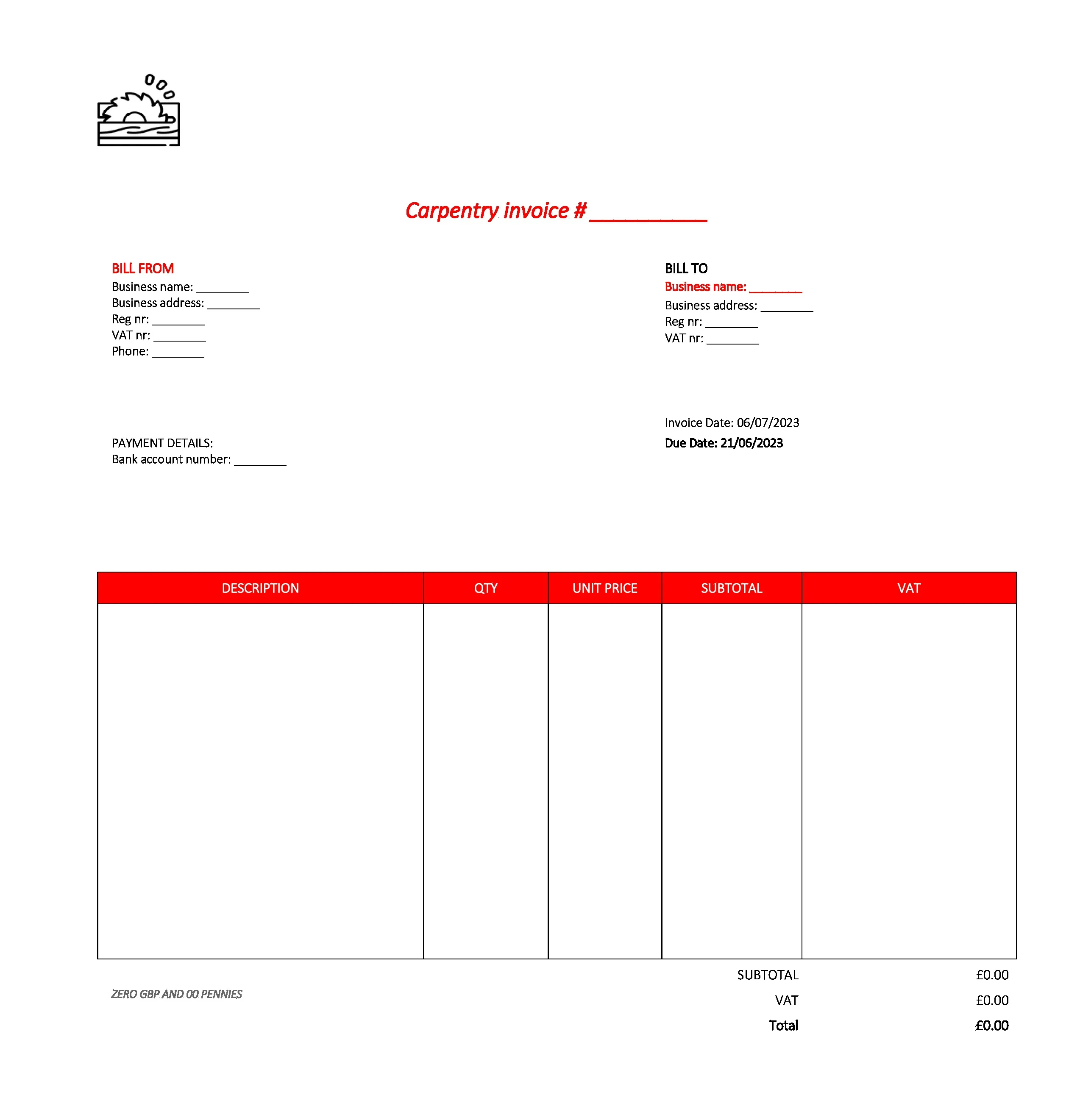 professional carpentry invoice template UK Excel / Google sheets