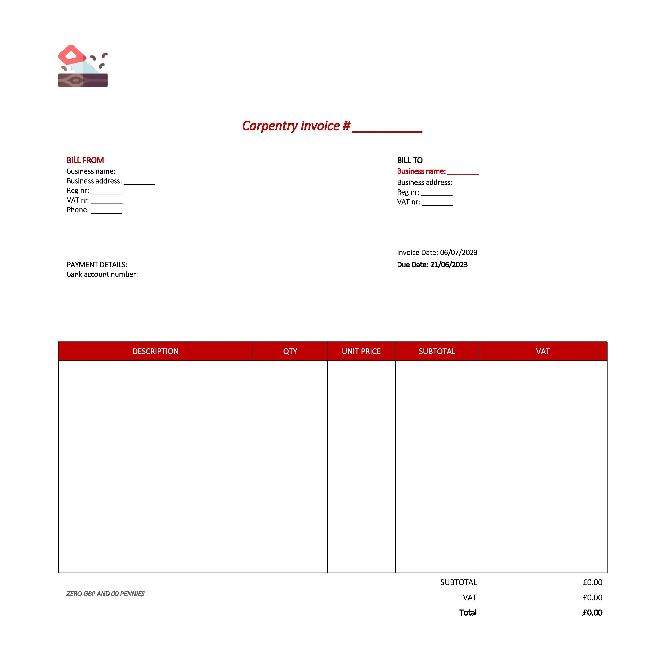 best carpentry invoice template UK Excel / Google sheets