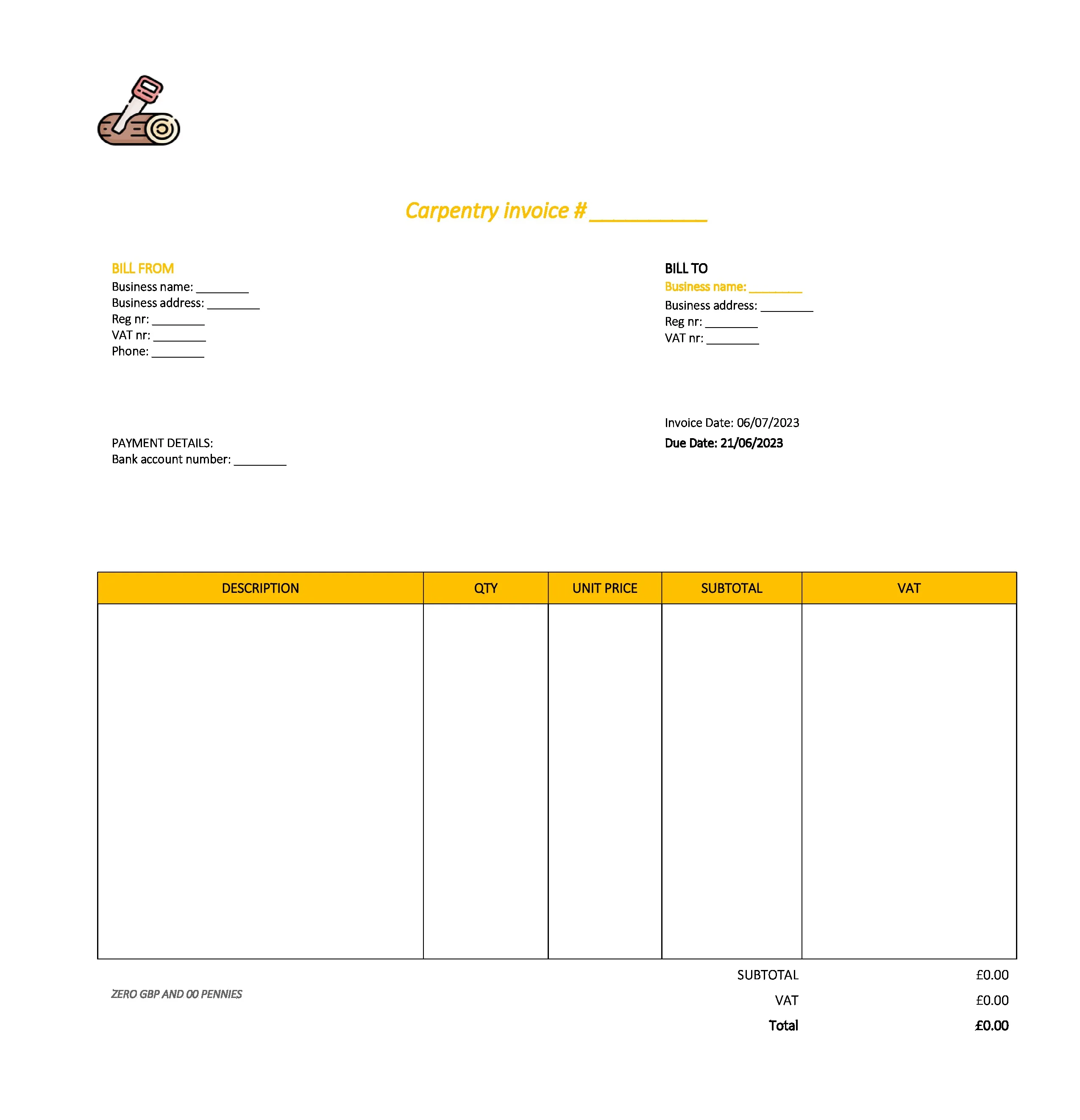 draft carpentry invoice template UK Excel / Google sheets
