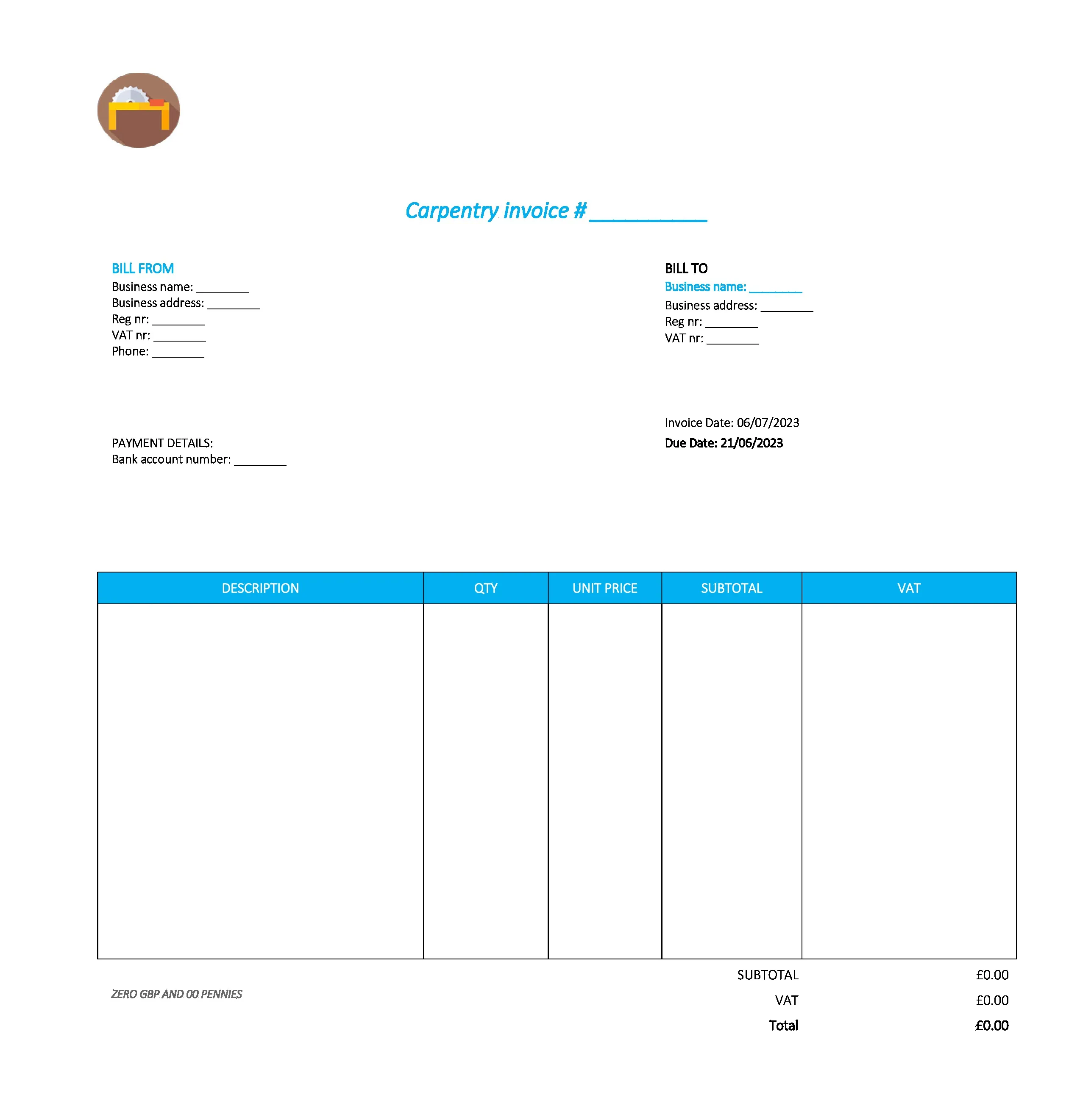 good carpentry invoice template UK Excel / Google sheets