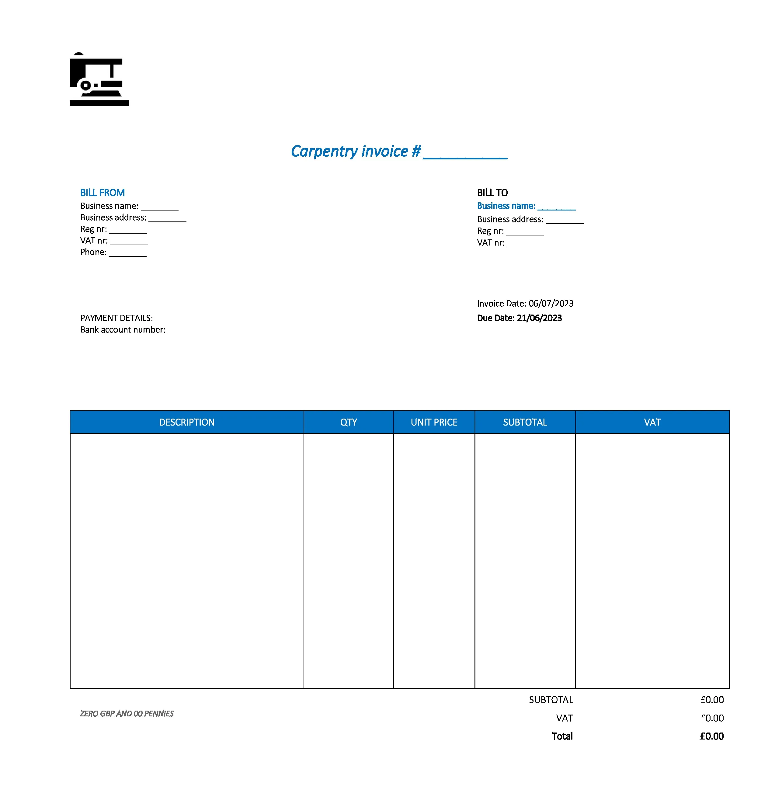 typical carpentry invoice template UK Excel / Google sheets