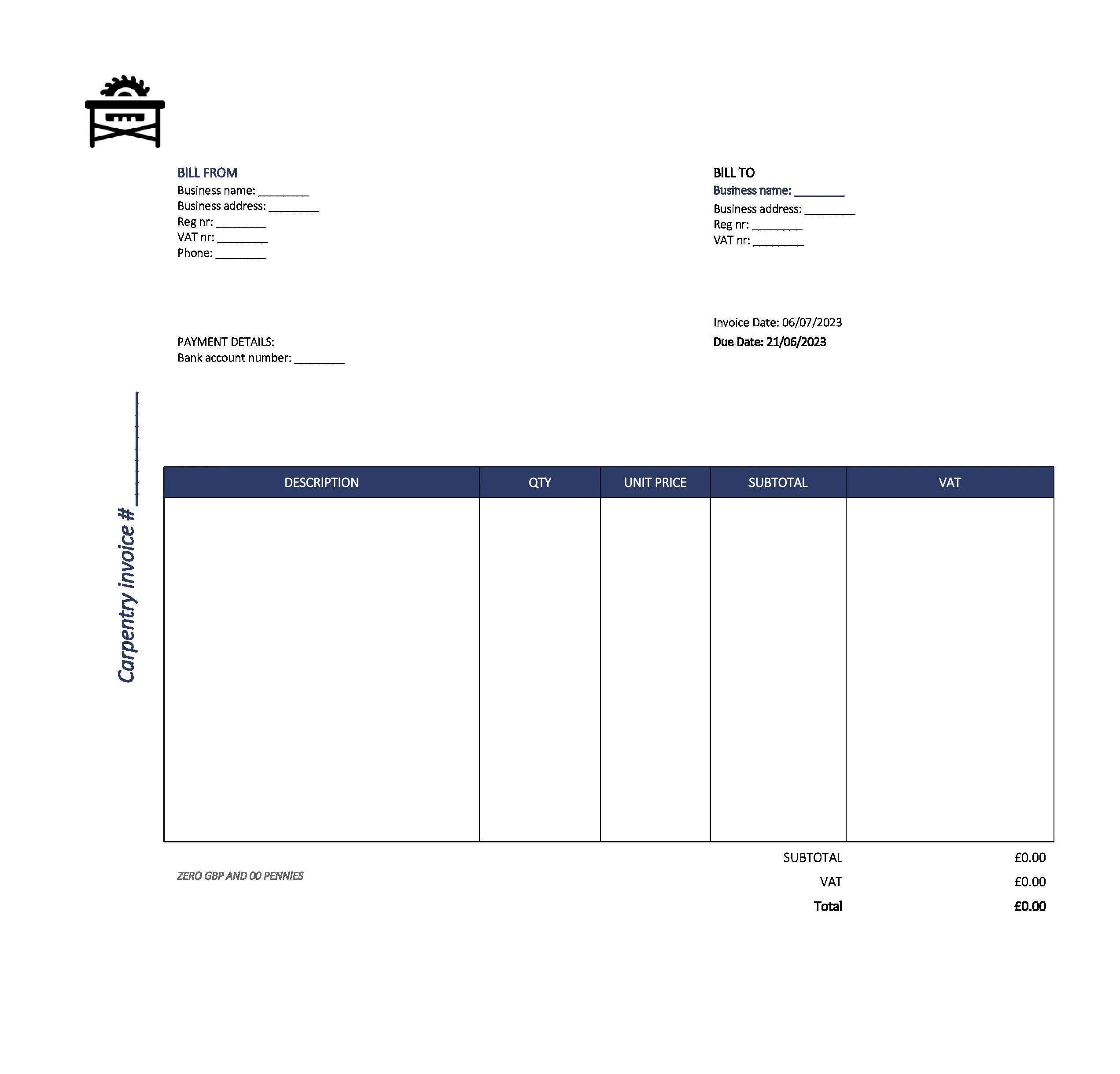 new carpentry invoice template UK Excel / Google sheets