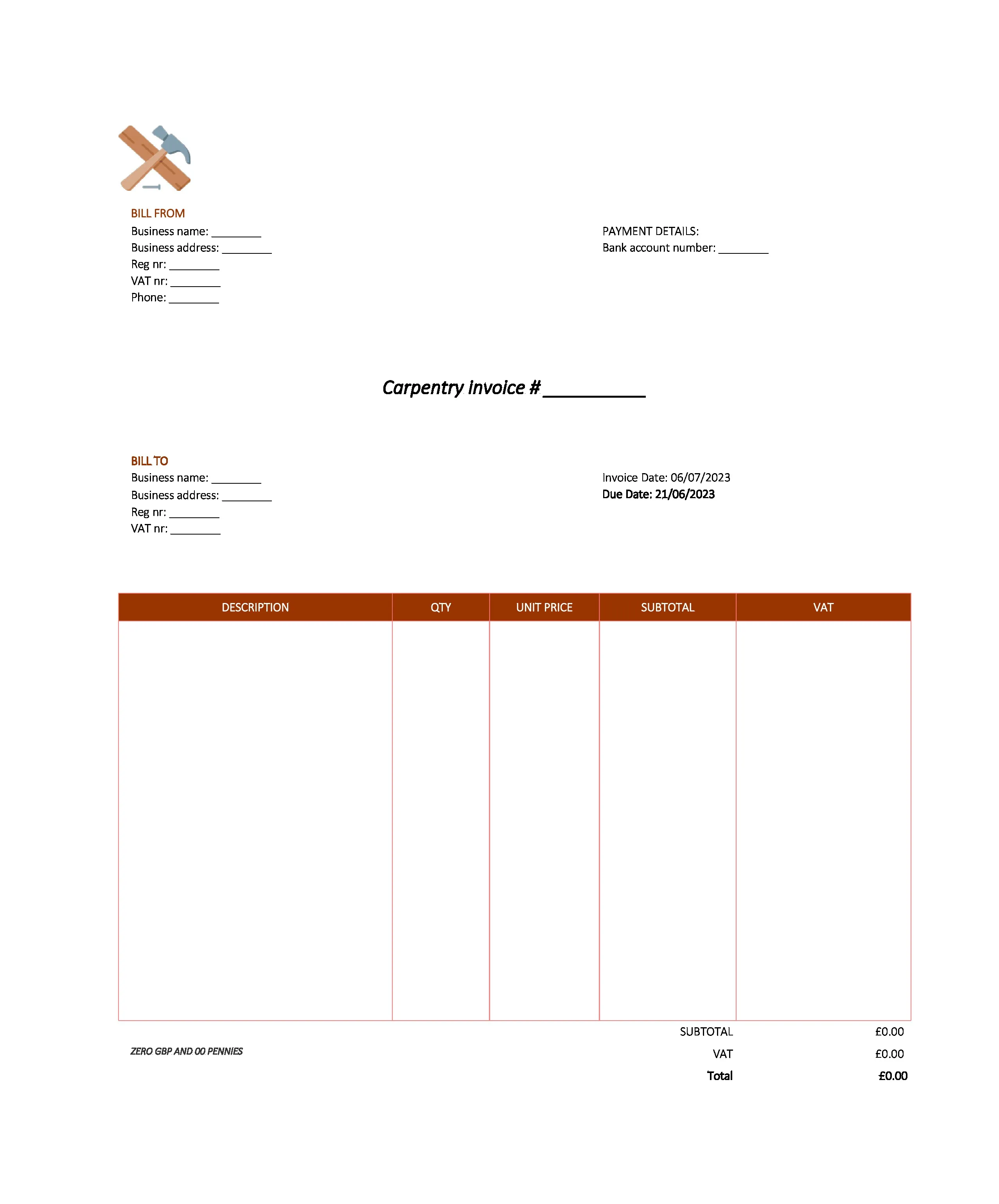 modern carpentry invoice template UK Excel / Google sheets