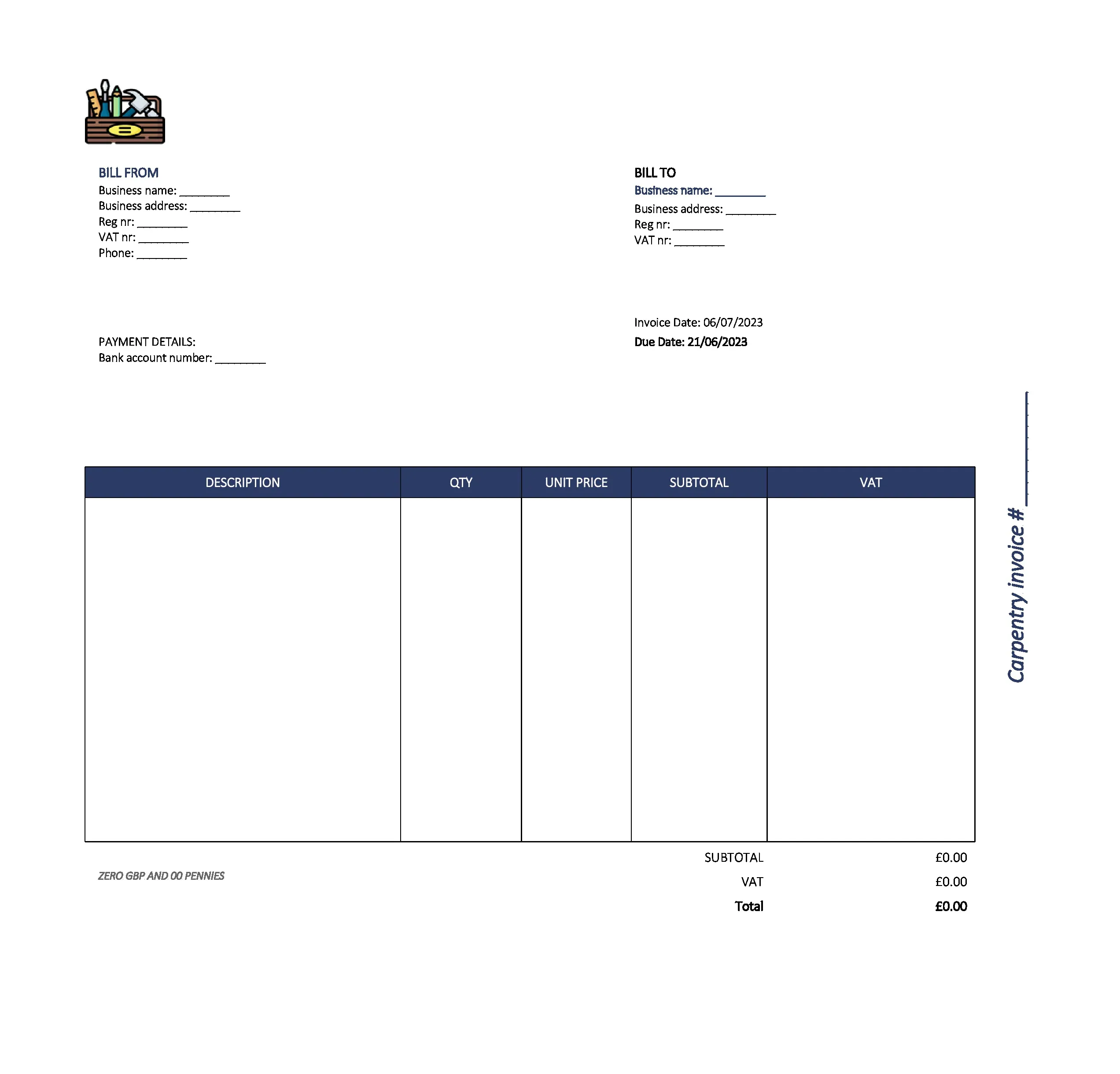 beautiful carpentry invoice template UK Excel / Google sheets
