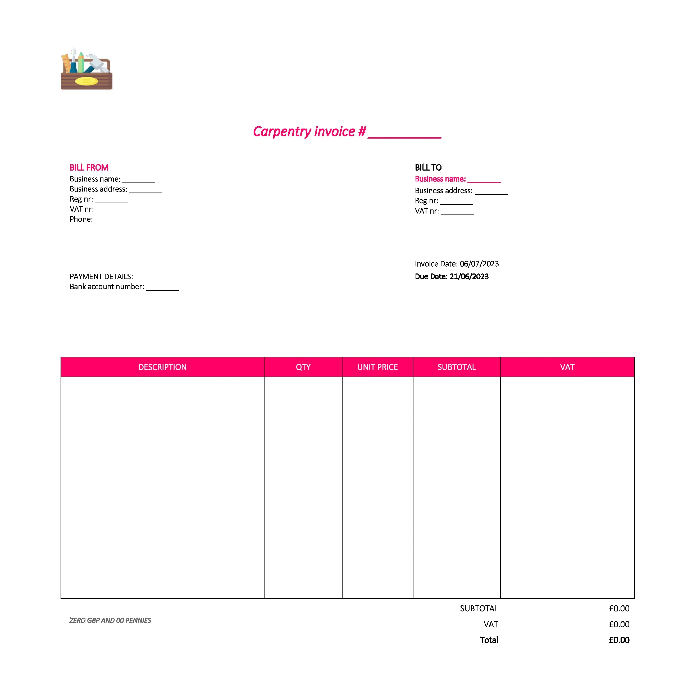 nice carpentry invoice template UK Excel / Google sheets