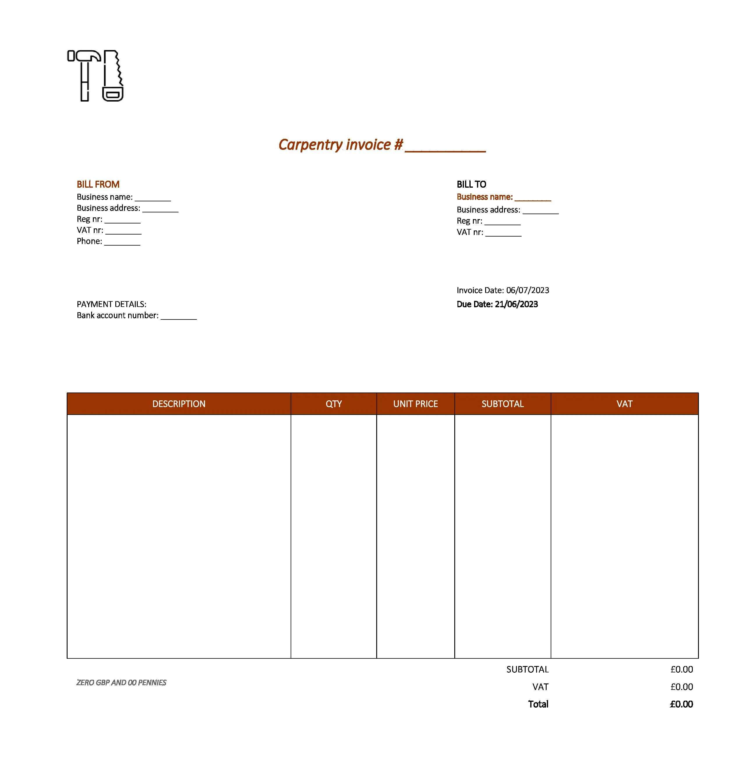 elegant carpentry invoice template UK Excel / Google sheets