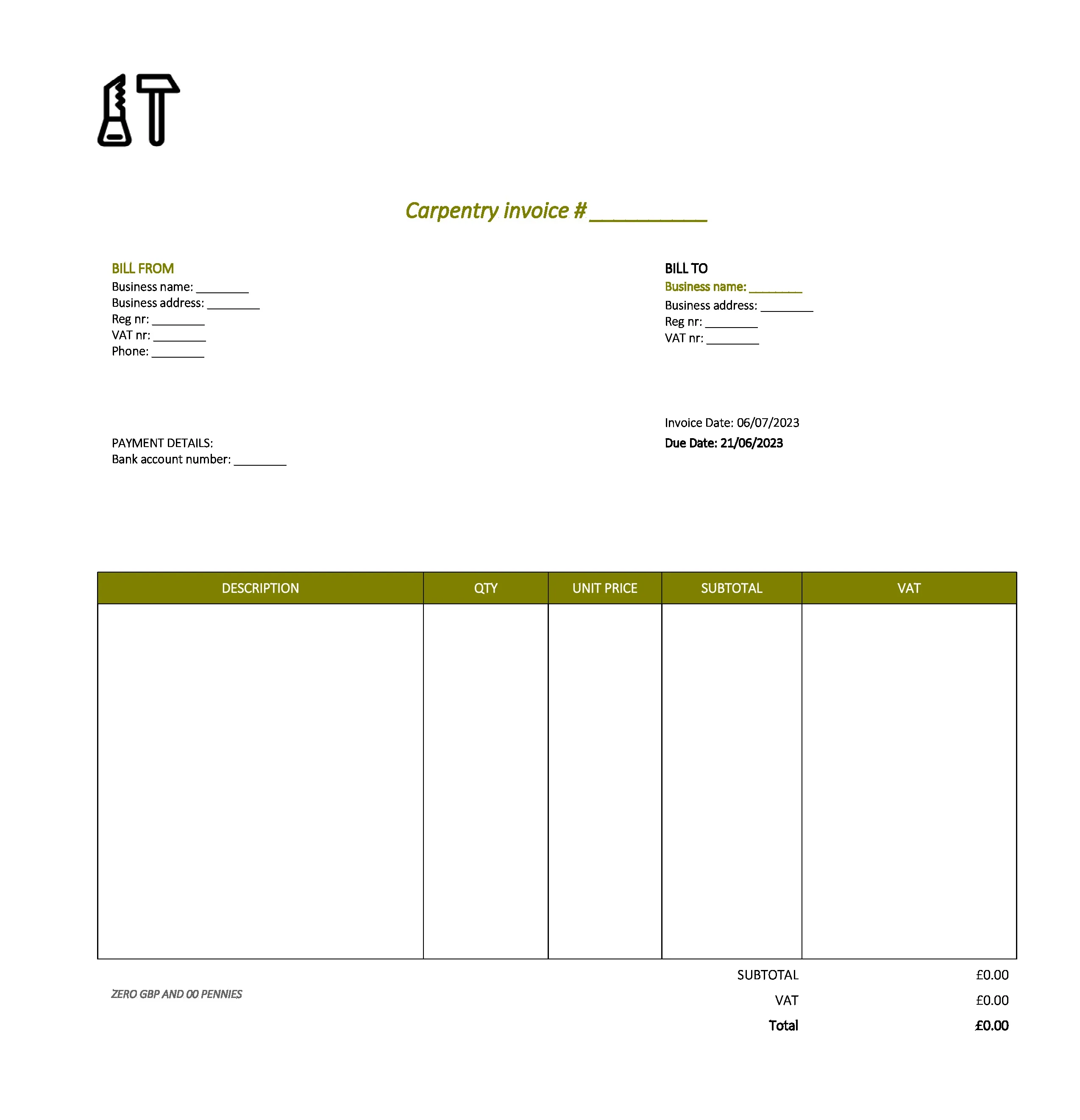 minimalist carpentry invoice template UK Excel / Google sheets