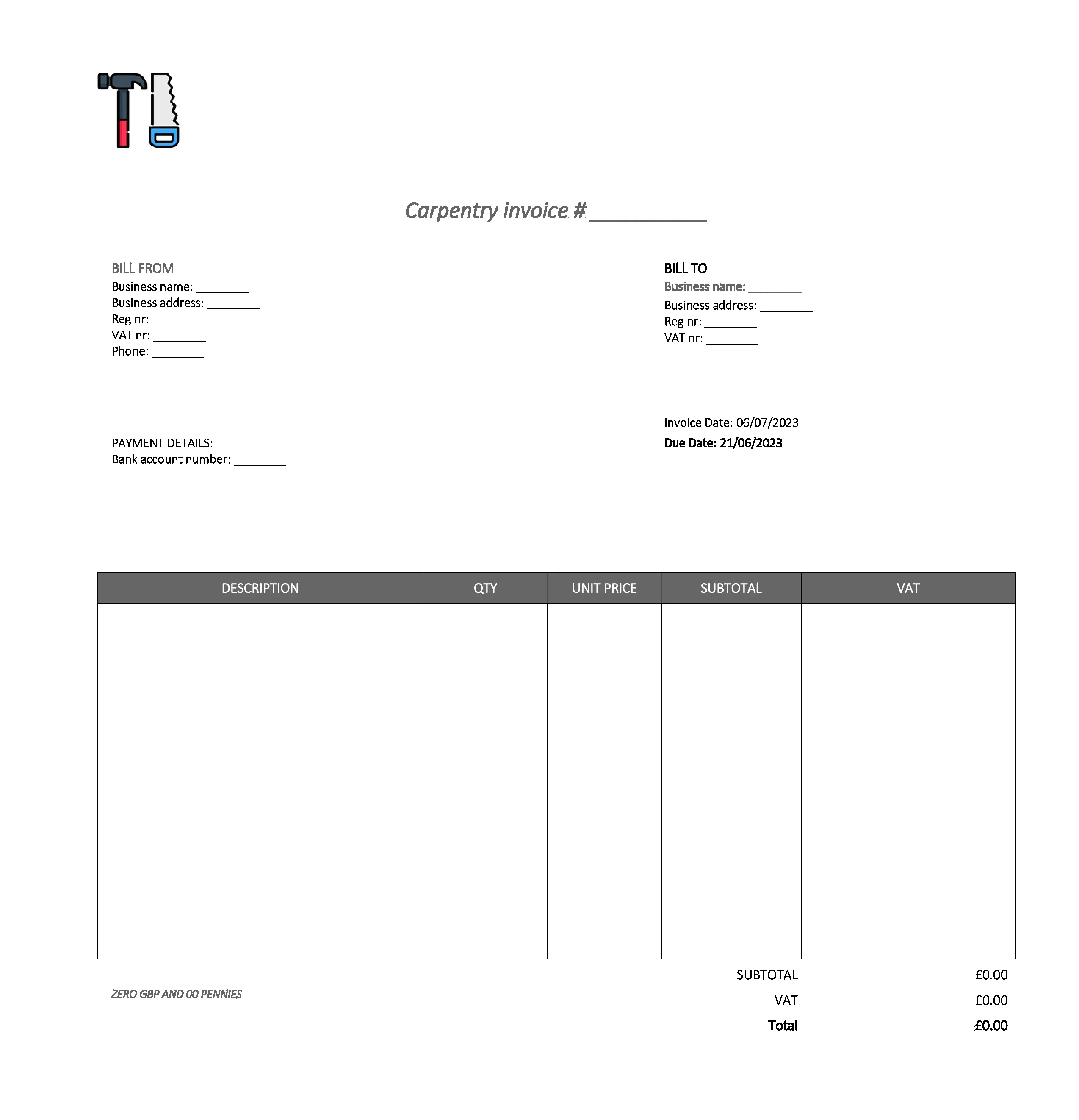 fancy carpentry invoice template UK Excel / Google sheets