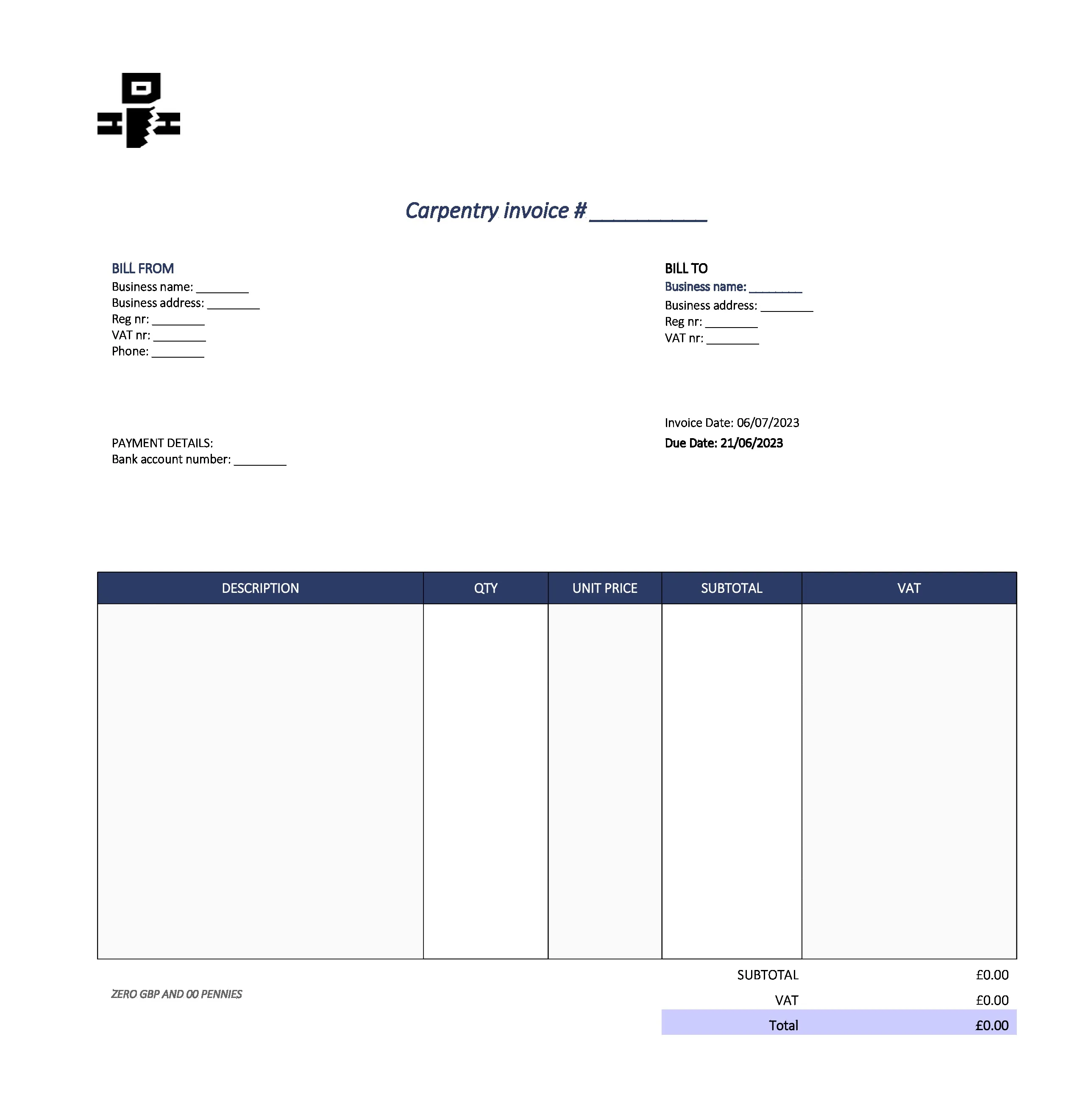 cute carpentry invoice template UK Excel / Google sheets