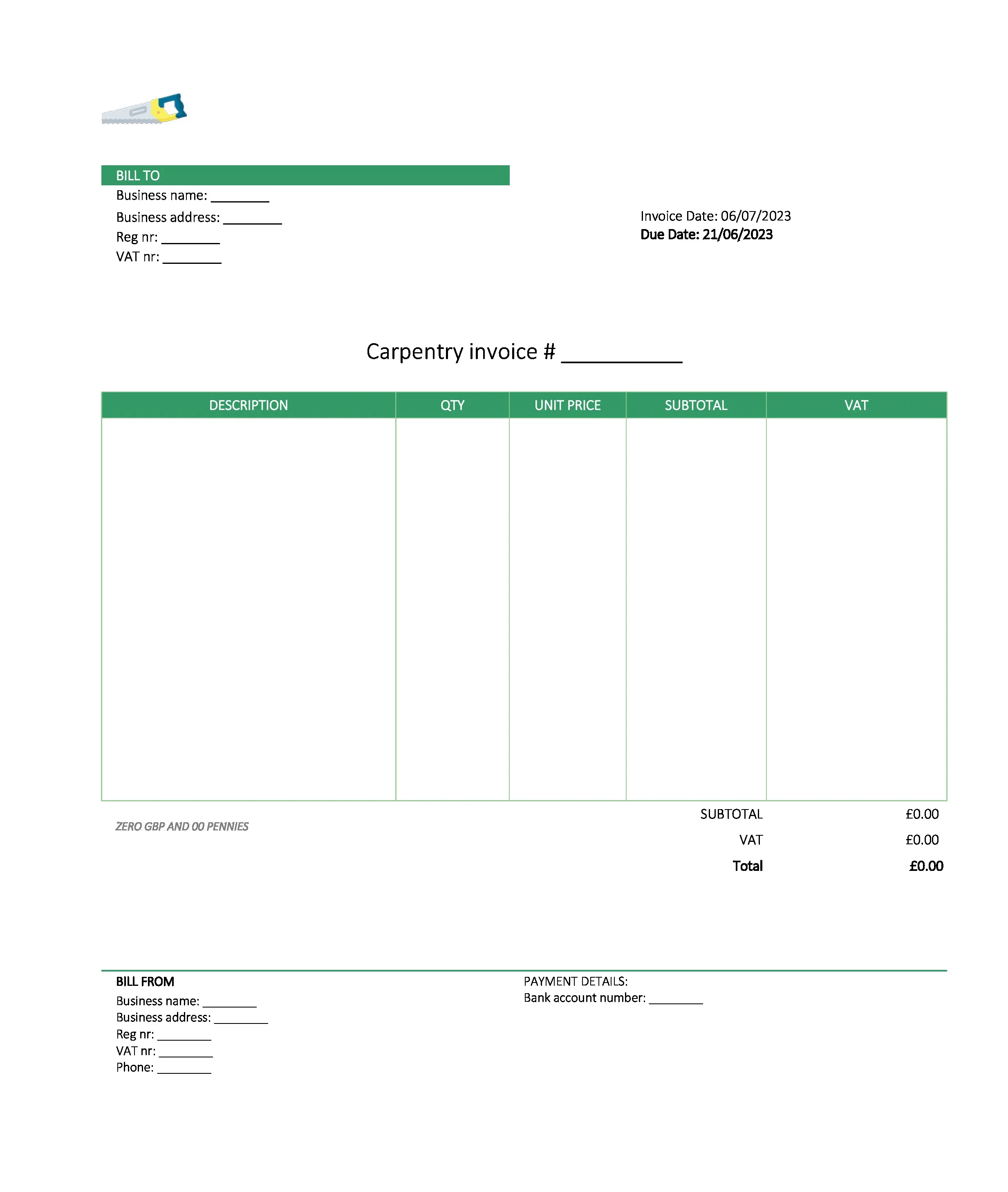 digital carpentry invoice template UK Excel / Google sheets