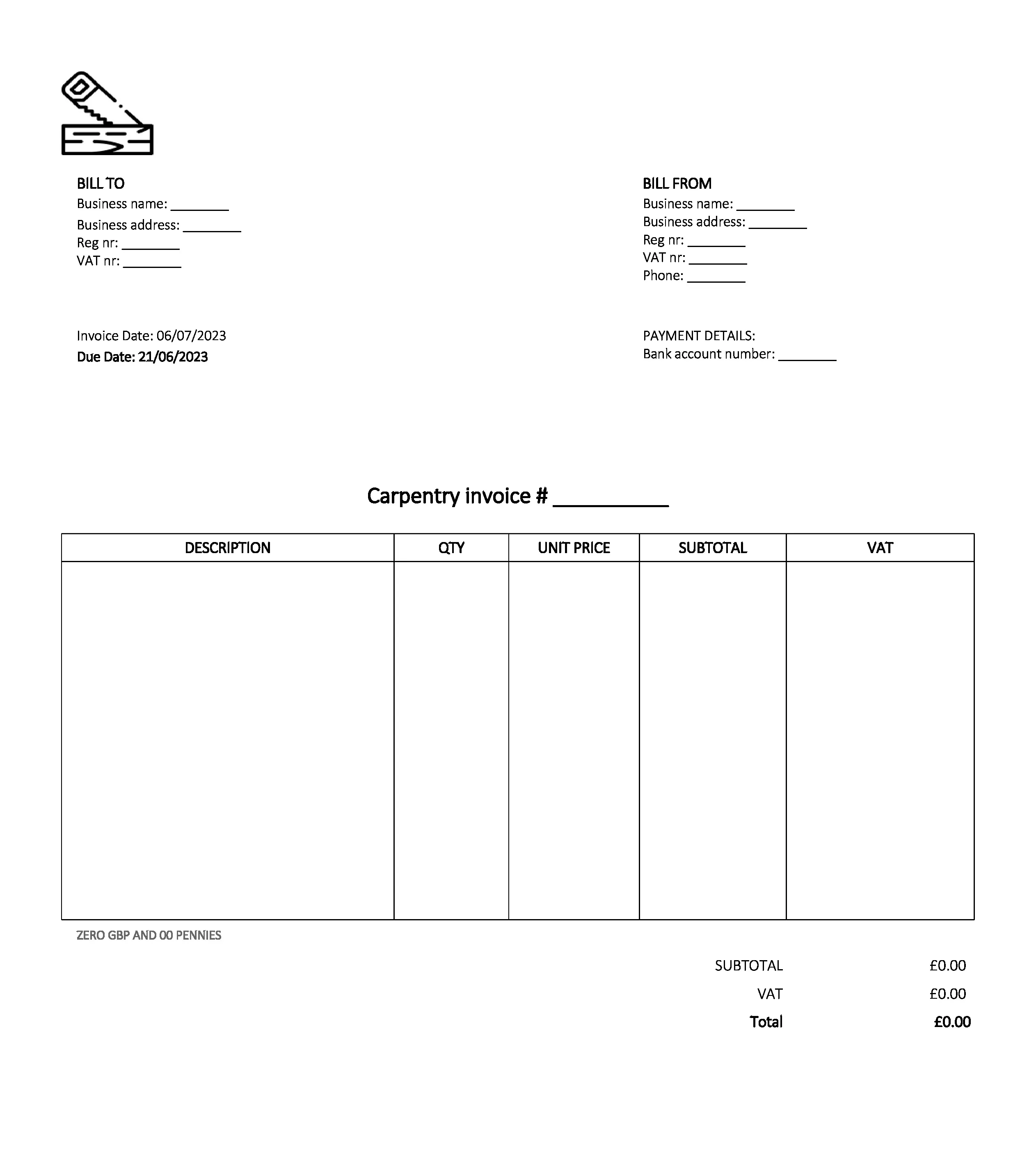 email deliverable carpentry invoice template UK Excel / Google sheets