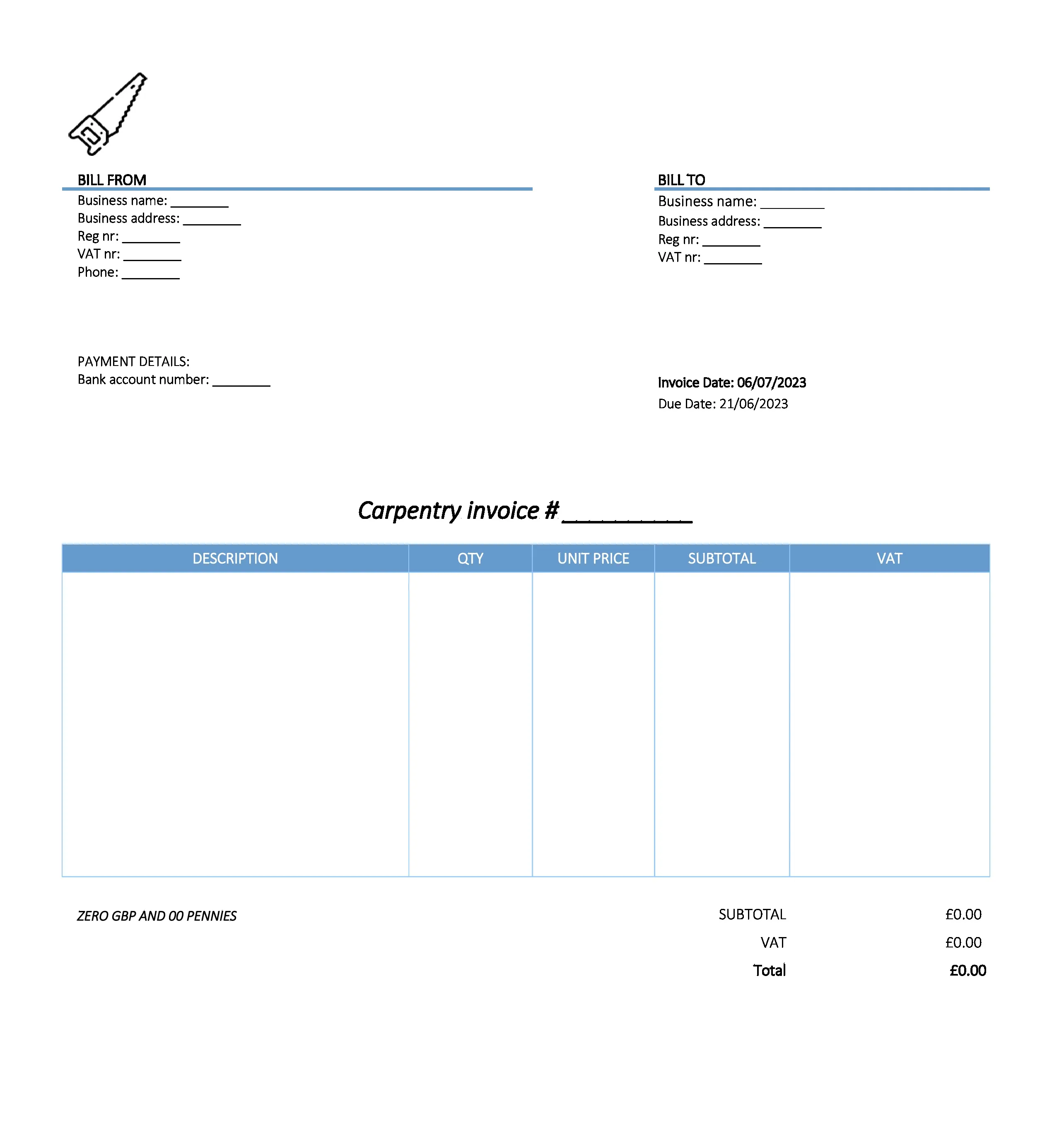 with bank details carpentry invoice template UK Excel / Google sheets