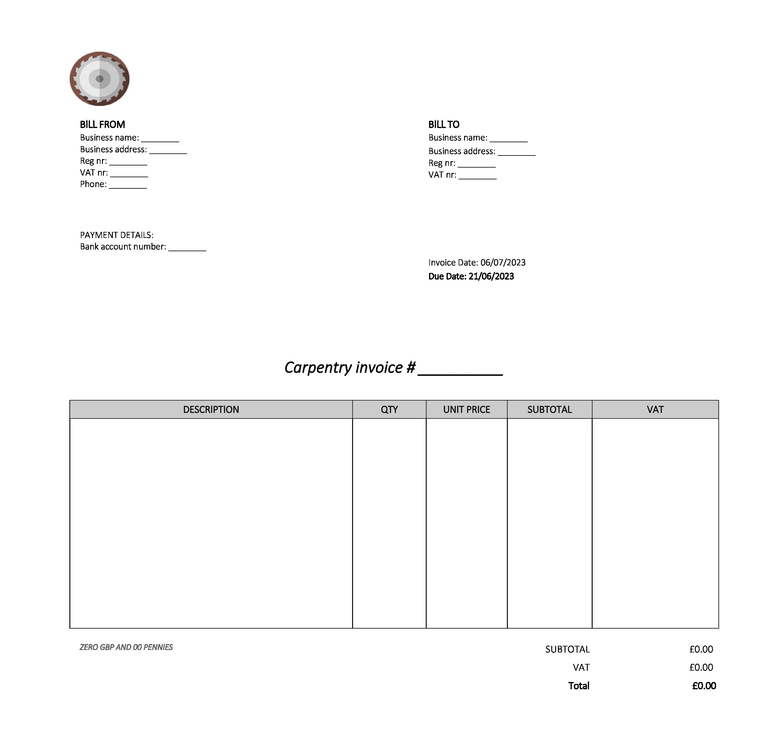 empty carpentry invoice template UK Excel / Google sheets