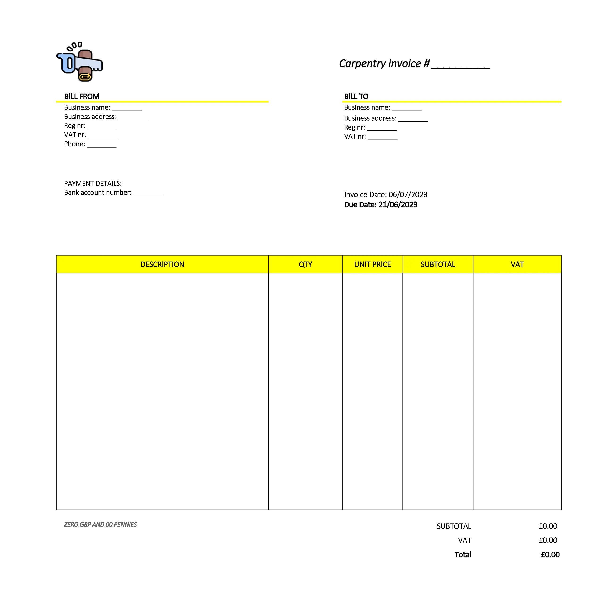 formal carpentry invoice template UK Excel / Google sheets