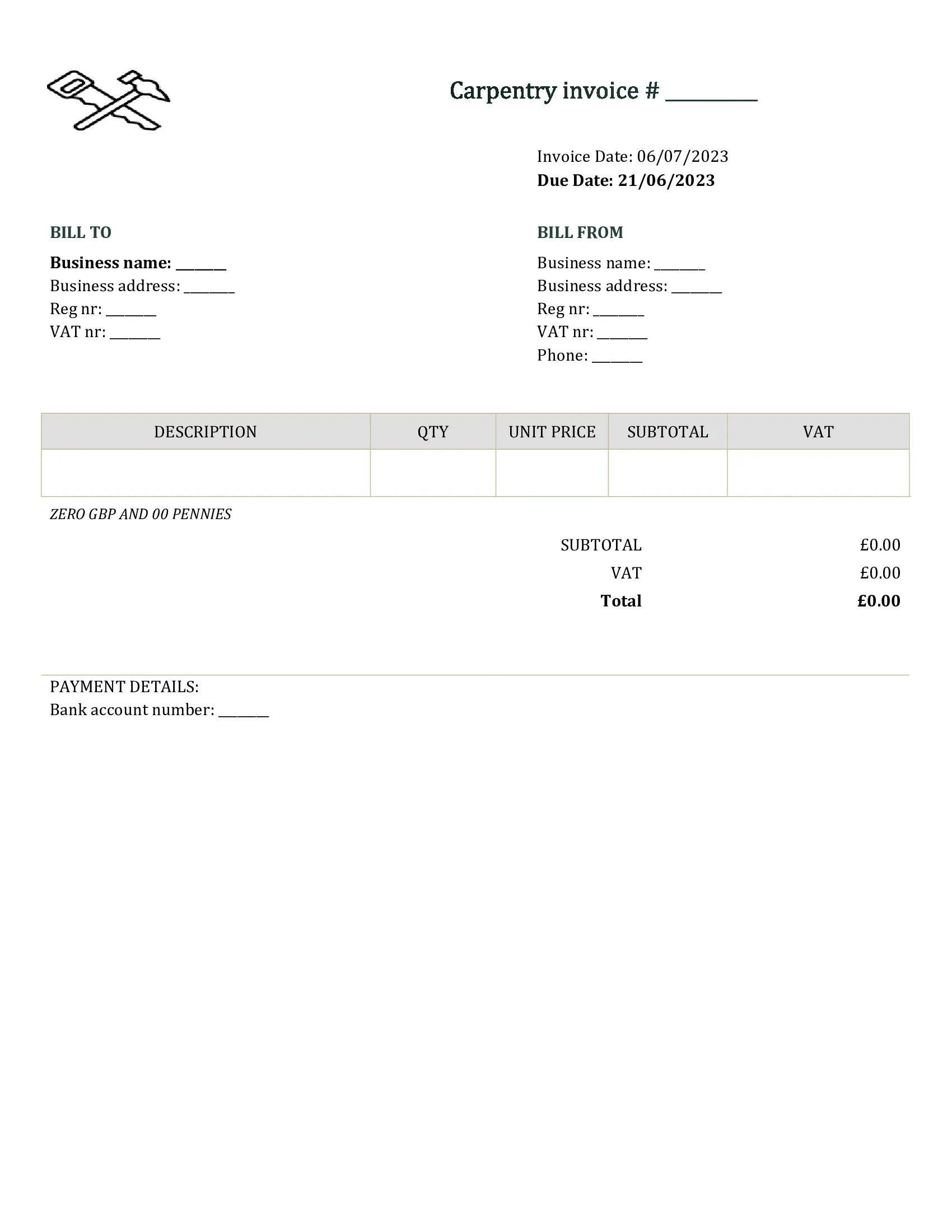 editable carpentry invoice template UK Word / Google docs