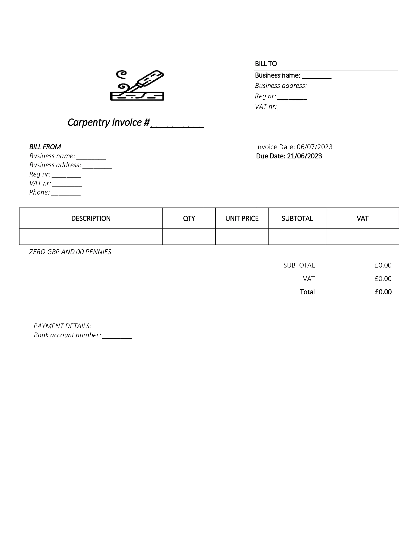 downloadable carpentry invoice template UK Word / Google docs