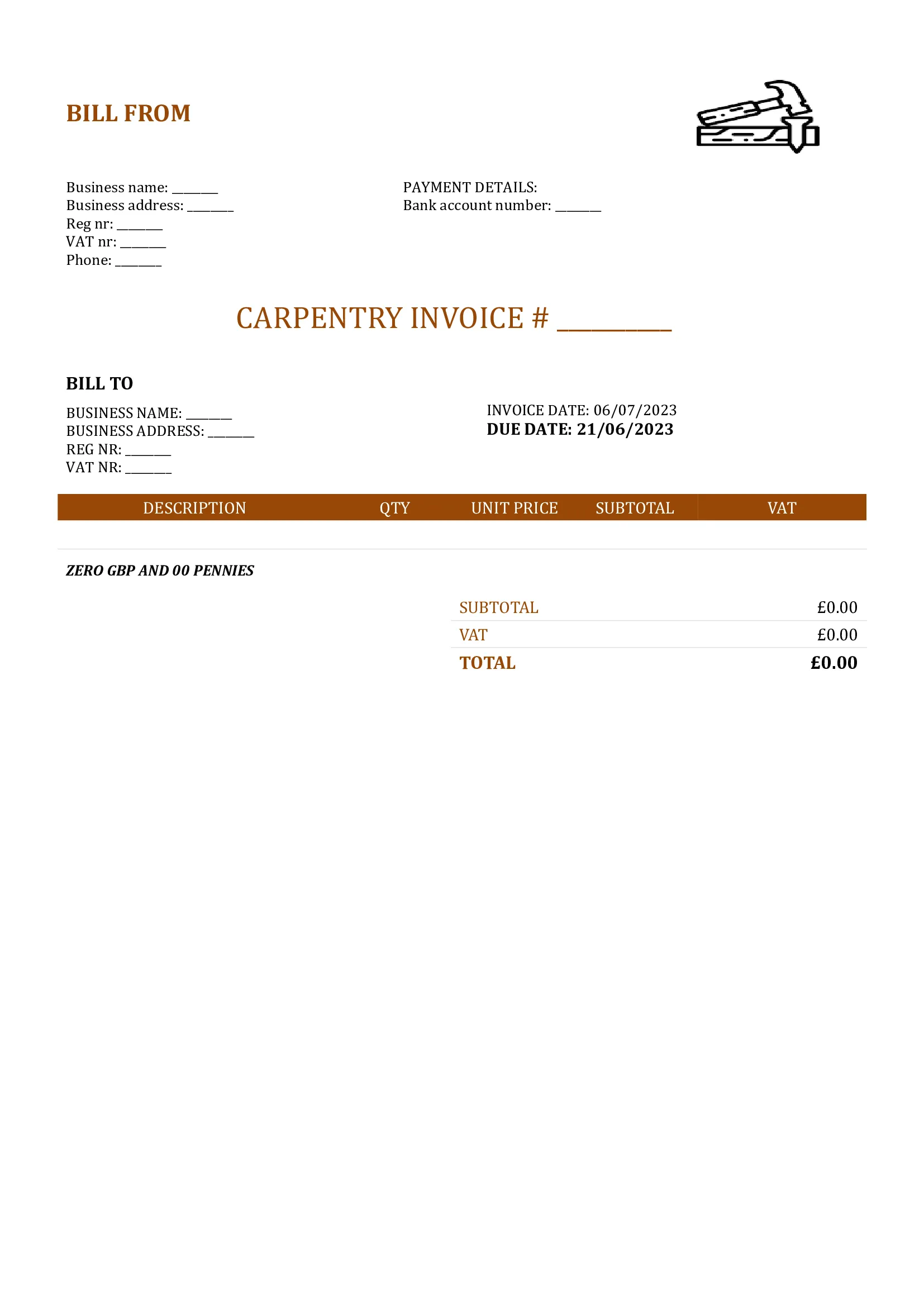 blank carpentry invoice template UK Word / Google docs